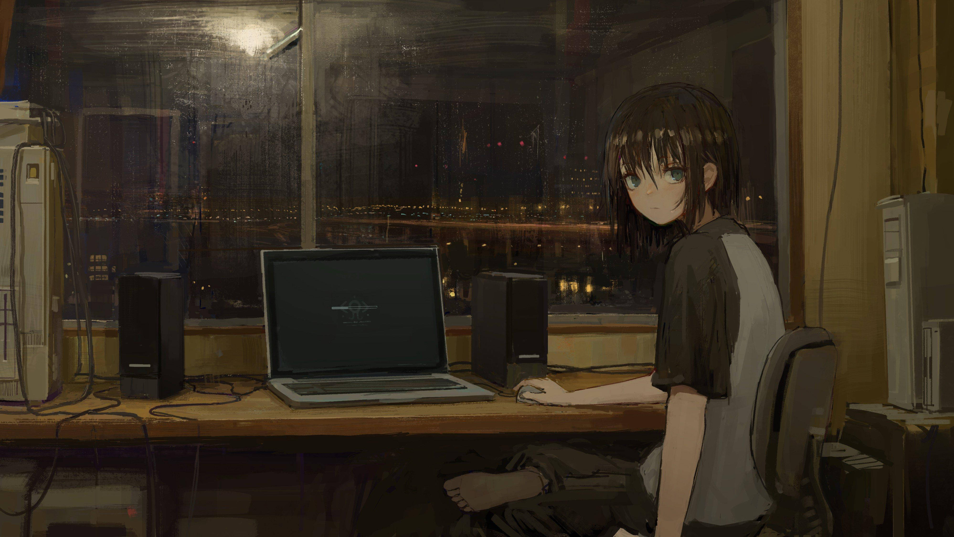 A young anime girl sits at a cluttered desk in a dimly lit room at night, gazing at a laptop with city lights visible through the window behind her., 4K Desktop Wallpaper