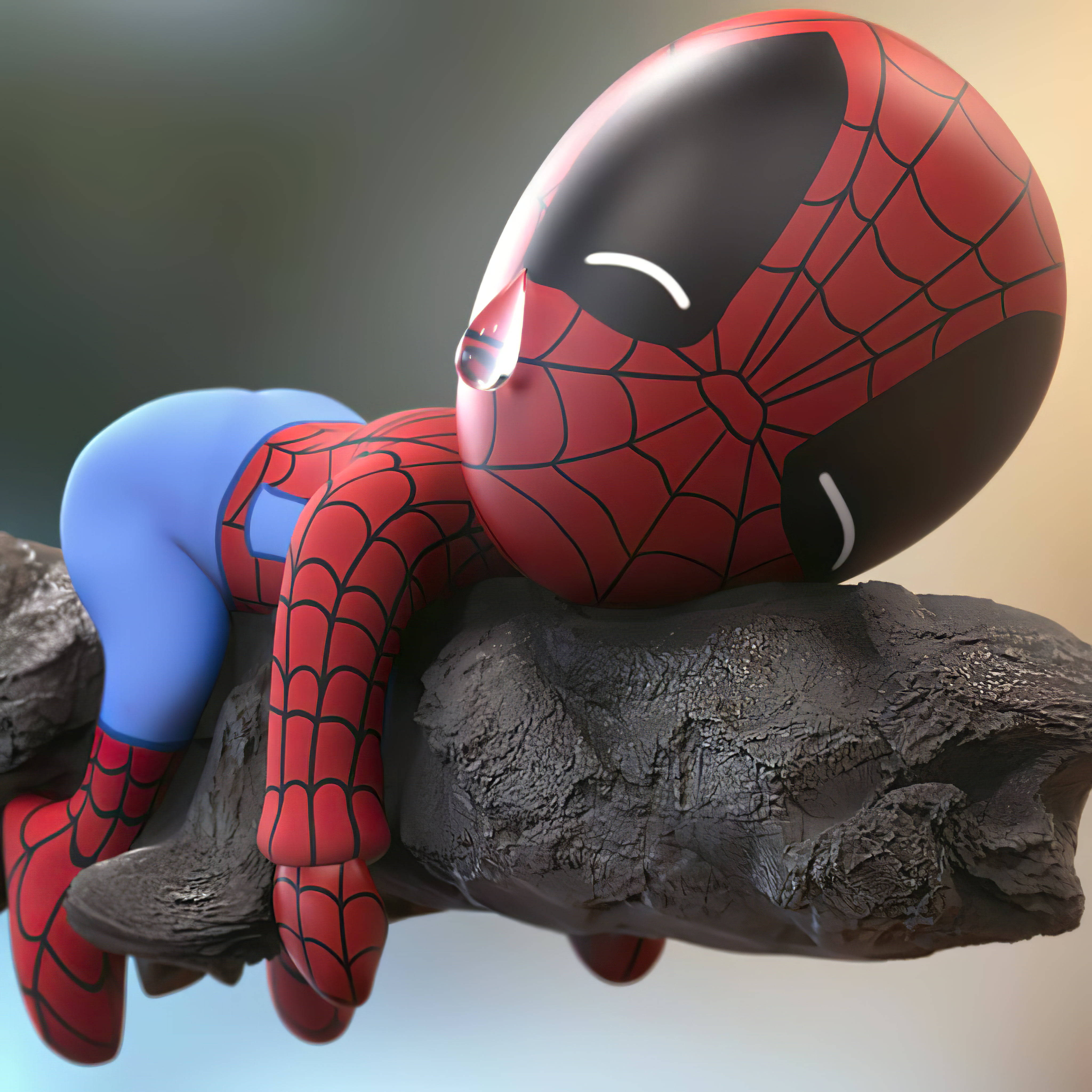 A chibi-style Spider-Man rests peacefully on a dark rock with a single tear rolling down his cheek., 4K Desktop Wallpaper