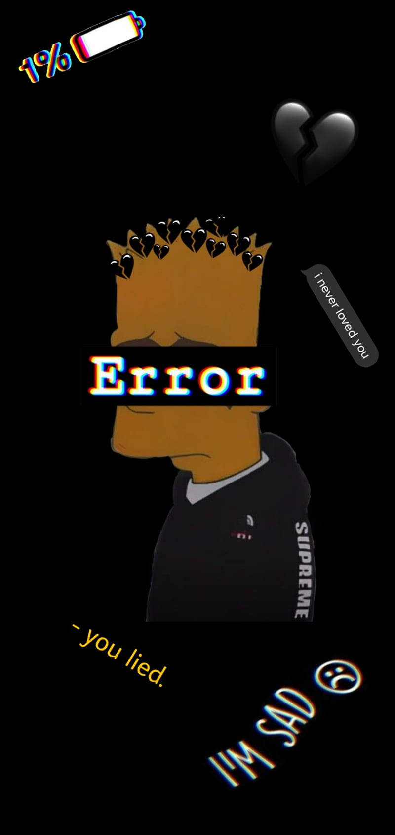 A sad Bart Simpson with broken heart icons and error text on a black background with low battery and emotional messages., HD Phone Wallpaper