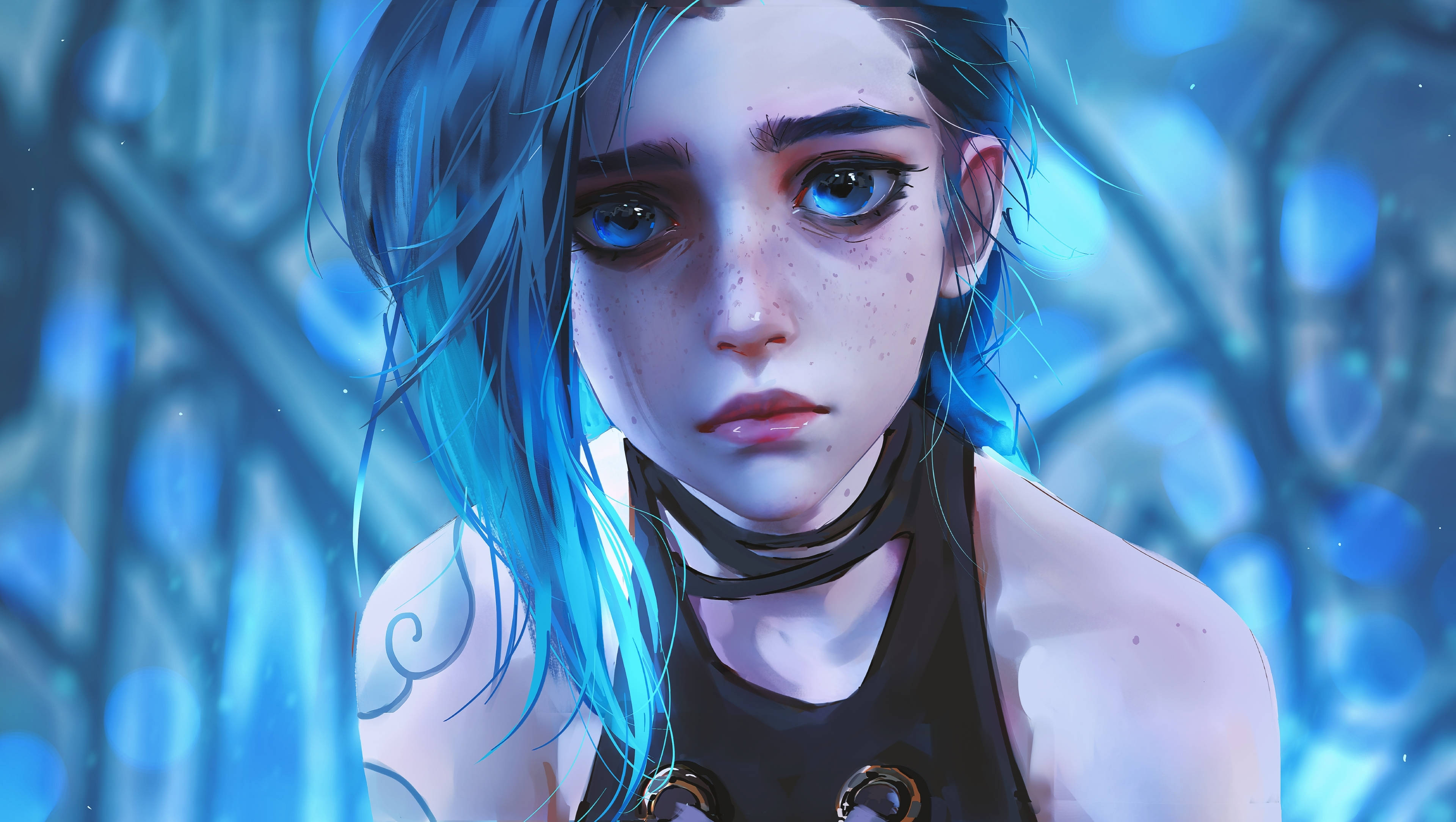 A close-up of a blue-haired anime girl with freckles and intense eyes, set against a glowing blue abstract background., 4K Desktop Wallpaper