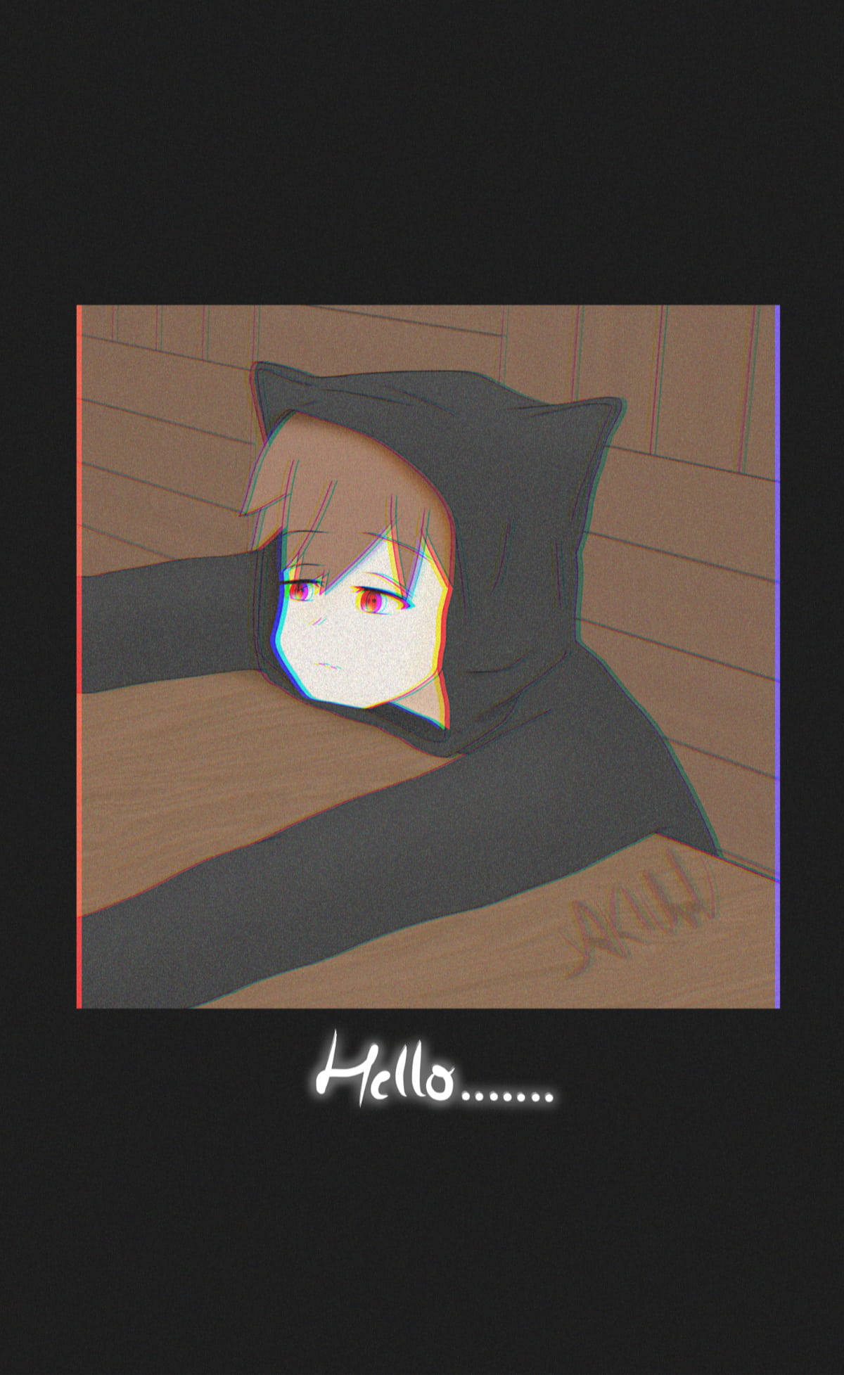 A melancholic anime character in a black hoodie rests against wooden walls with a glitch effect and the text 'Hello......' below., Full HD Phone Wallpaper
