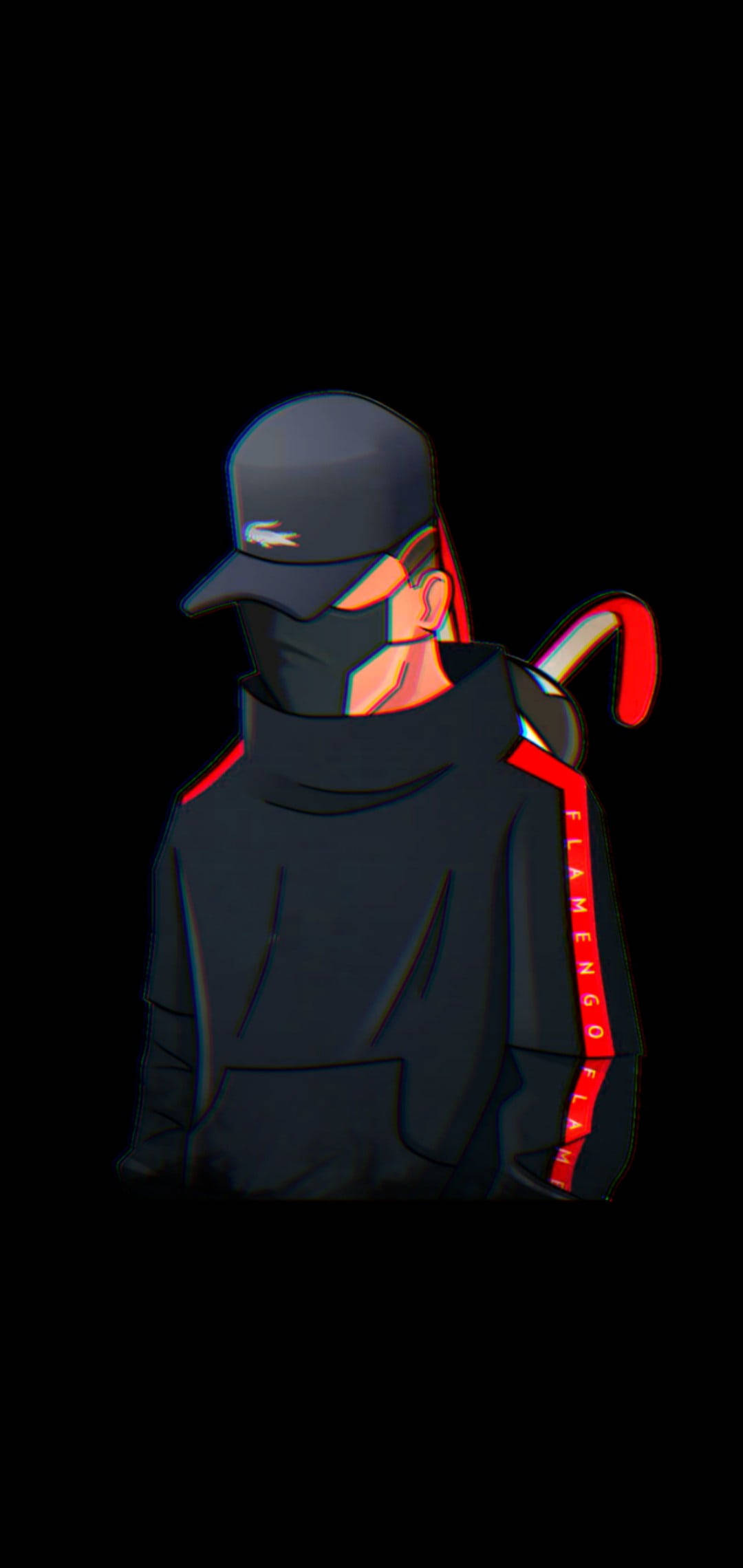 A stylized anime character in a black hoodie and cap with red accents stands against a dark background holding a red cane., Full HD Phone Wallpaper