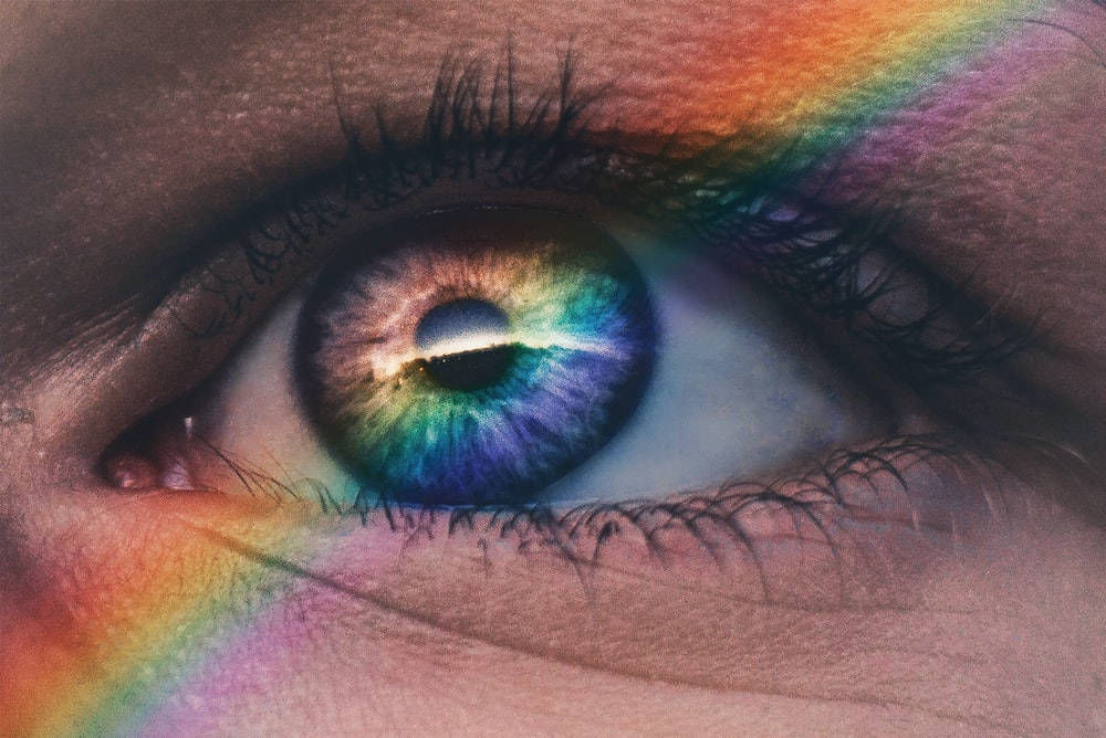 A close-up of a human eye with a vibrant rainbow gradient sweeping across the eyelid and iris., SD Desktop Wallpaper