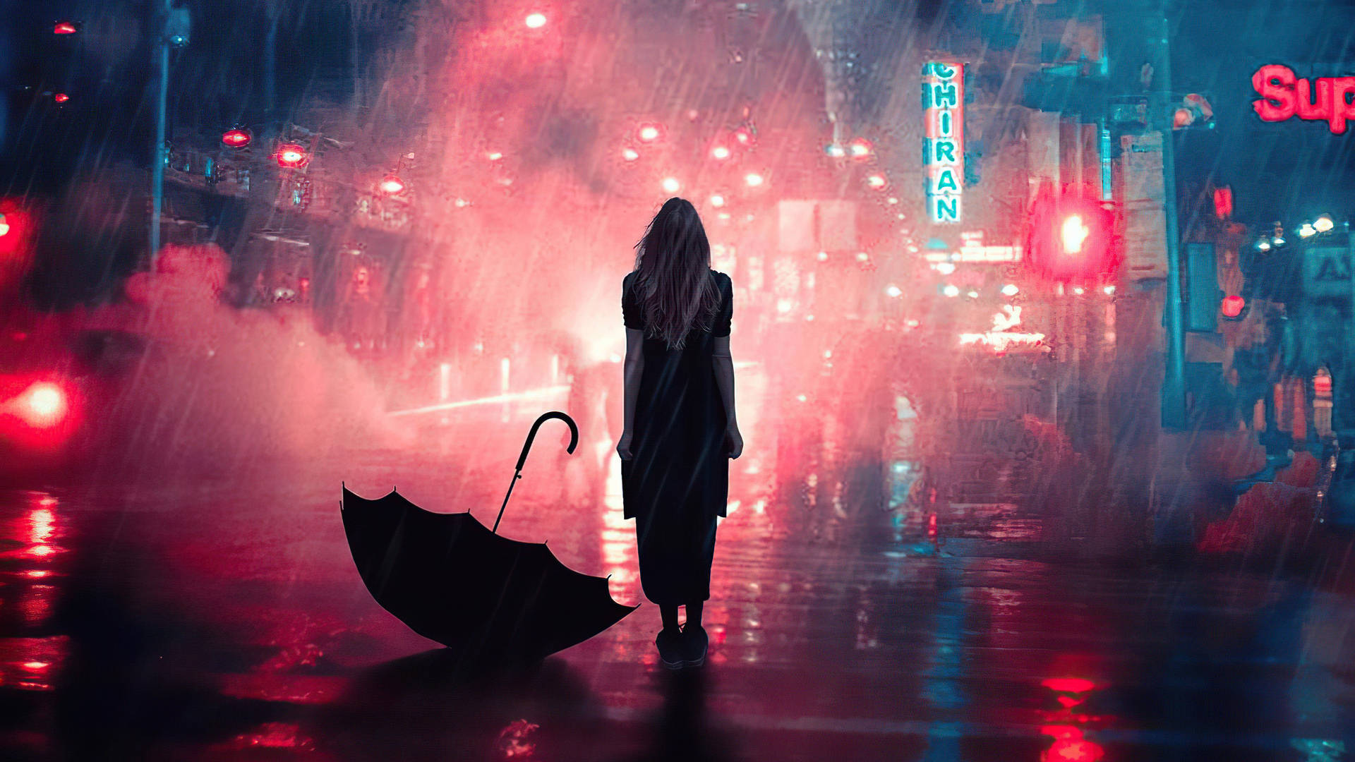 Sad Aesthetic Girl In Rainy Street, Full HD Desktop Wallpaper