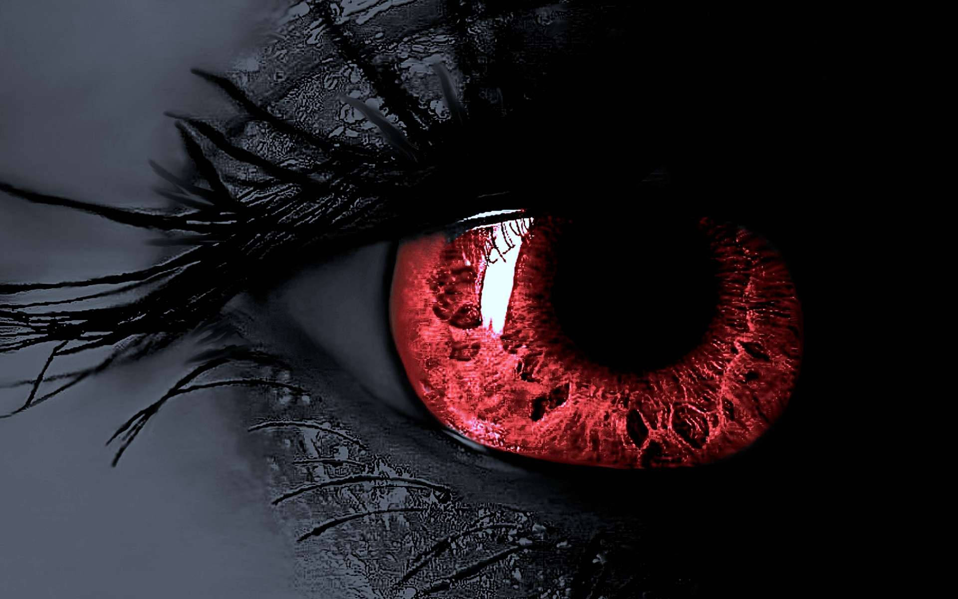 A close-up of a haunting red eye with black lashes and dark skin against a shadowy background., Full HD Desktop Wallpaper