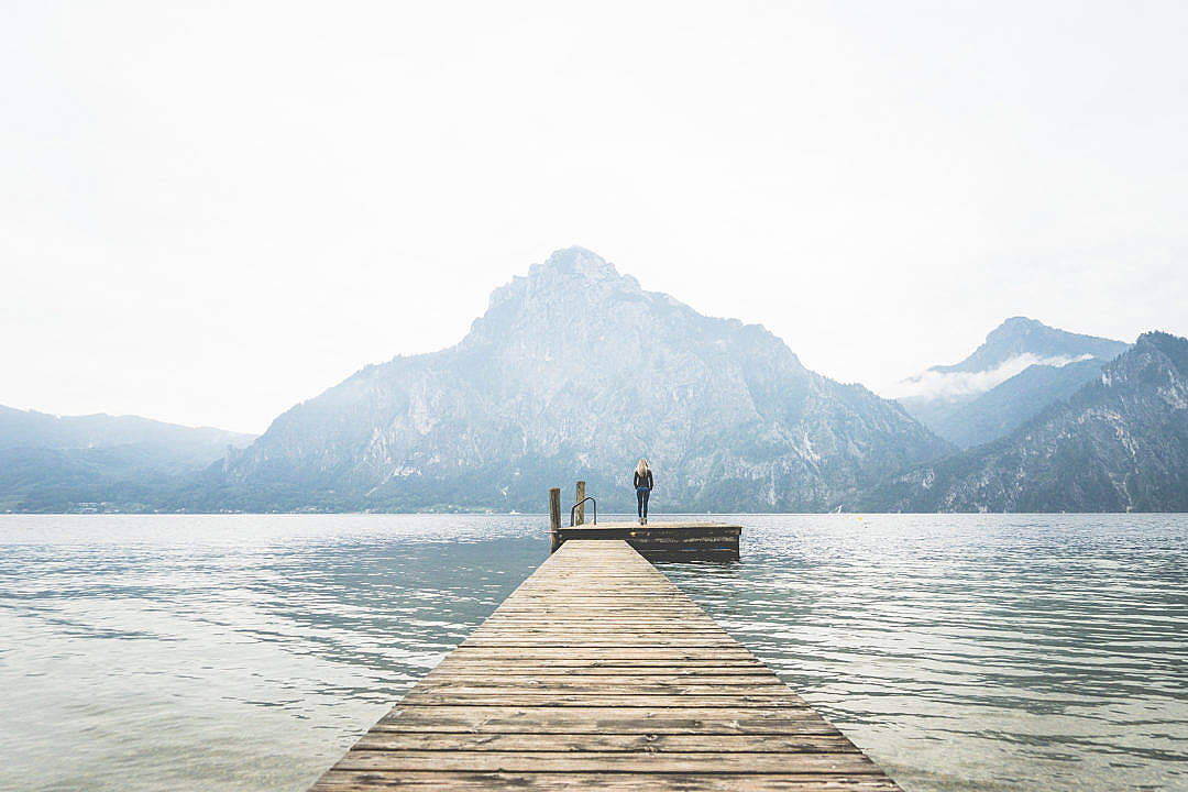 woman, weathered wooden pier, calm waters, SD Desktop Wallpaper
