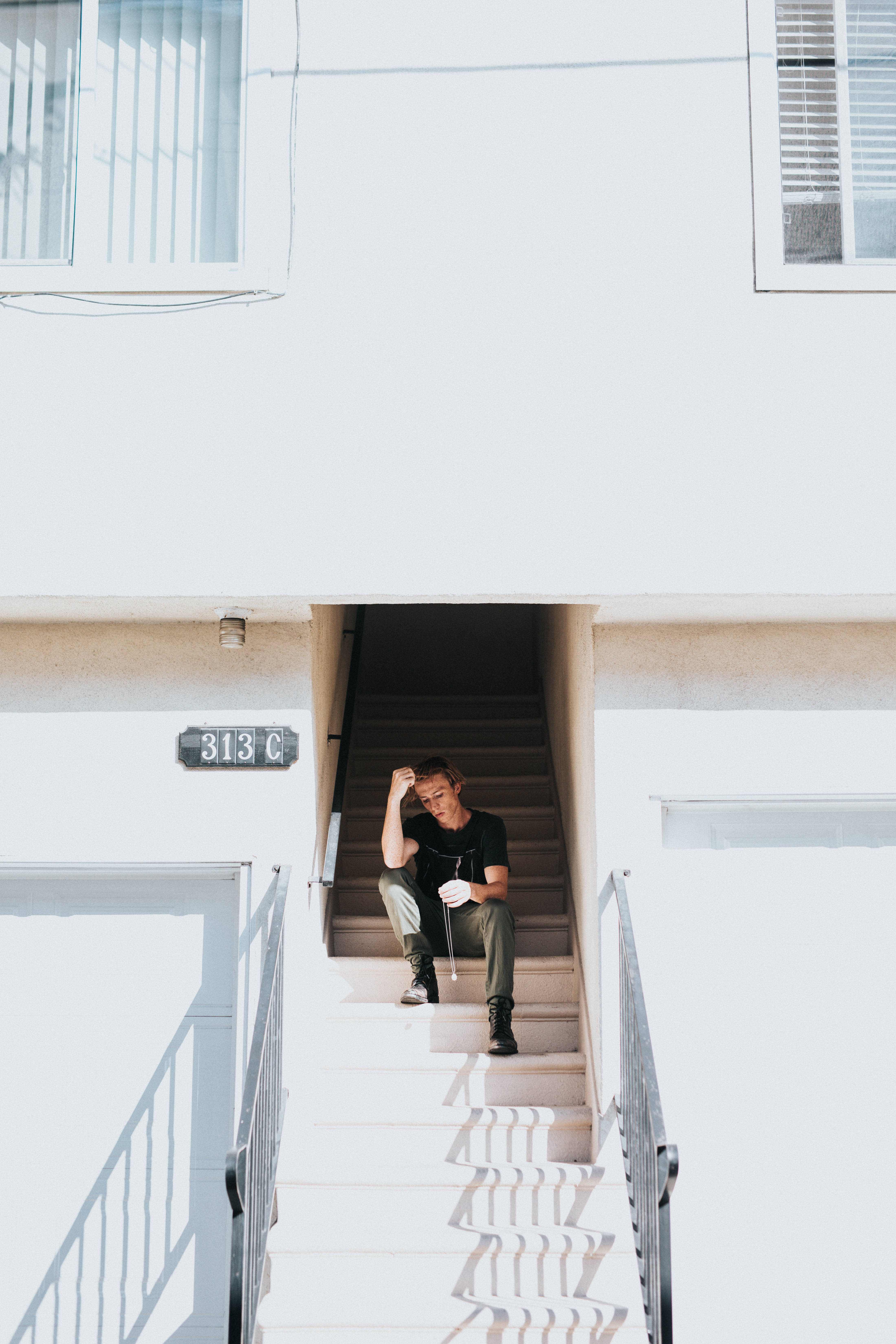Sad Alone Lad, staircase, bright white outdoor stairs, 5K Phone Wallpaper