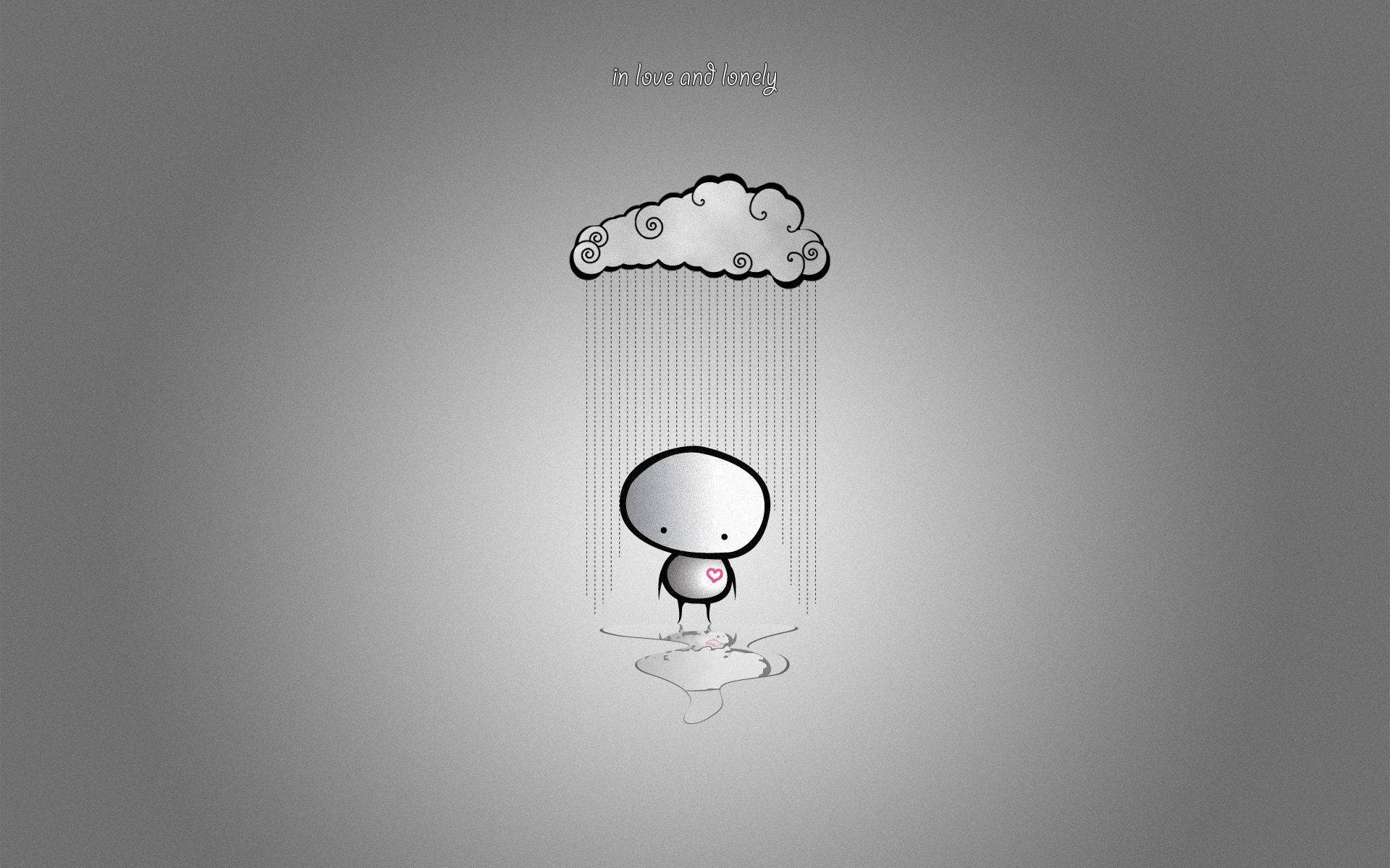 minimalist cartoon figure, cloud raining on its heart, gray gradient background, Full HD Desktop Wallpaper