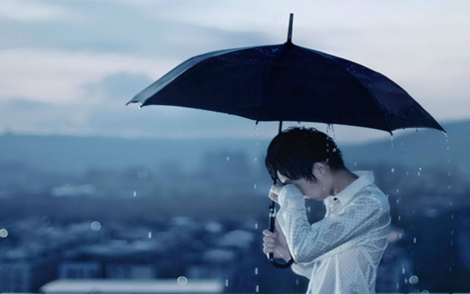 black umbrella, rain, blurred cityscape, Full HD Desktop Wallpaper