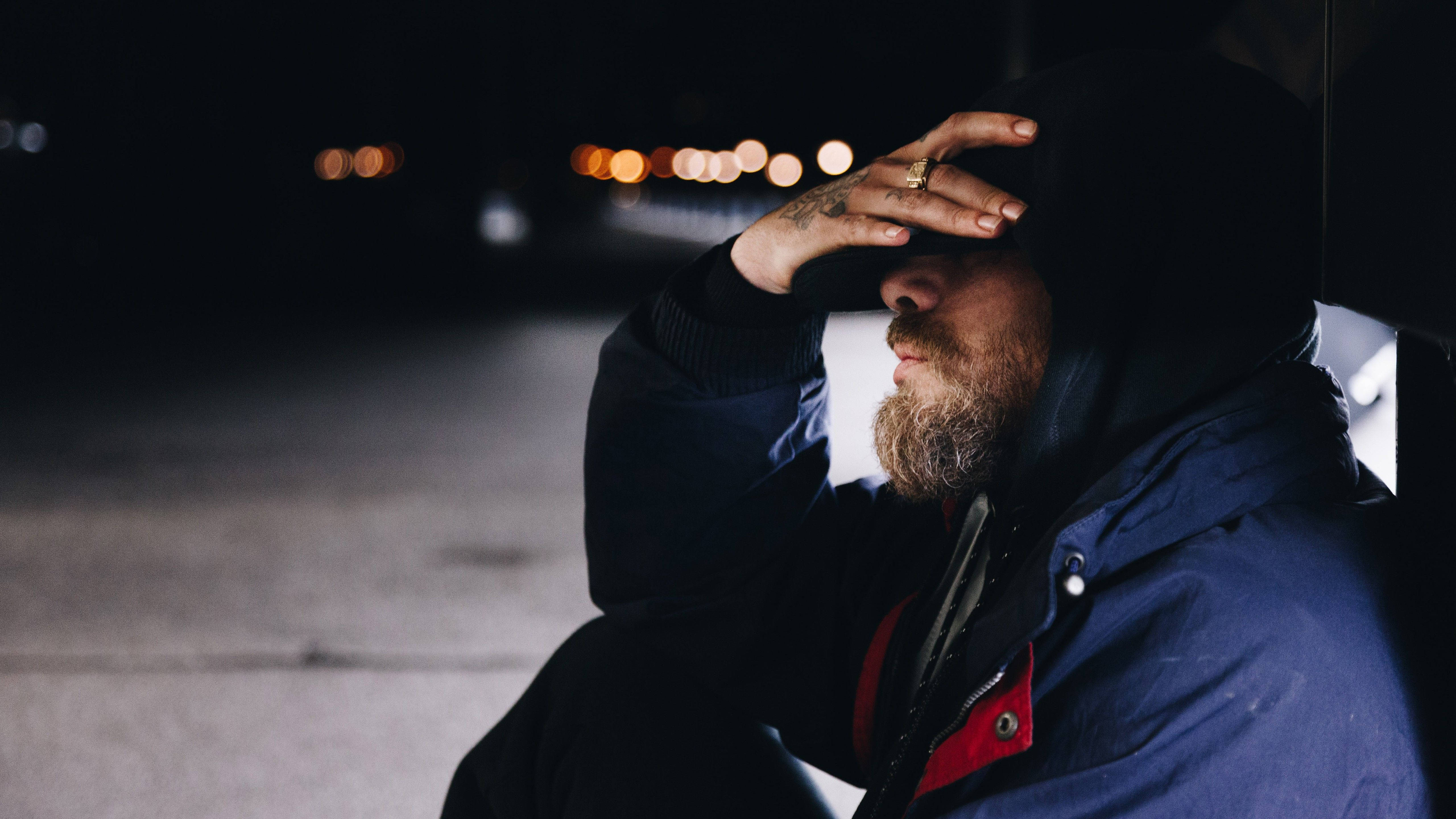 bridge railing, night, bearded man, 5K Desktop Wallpaper