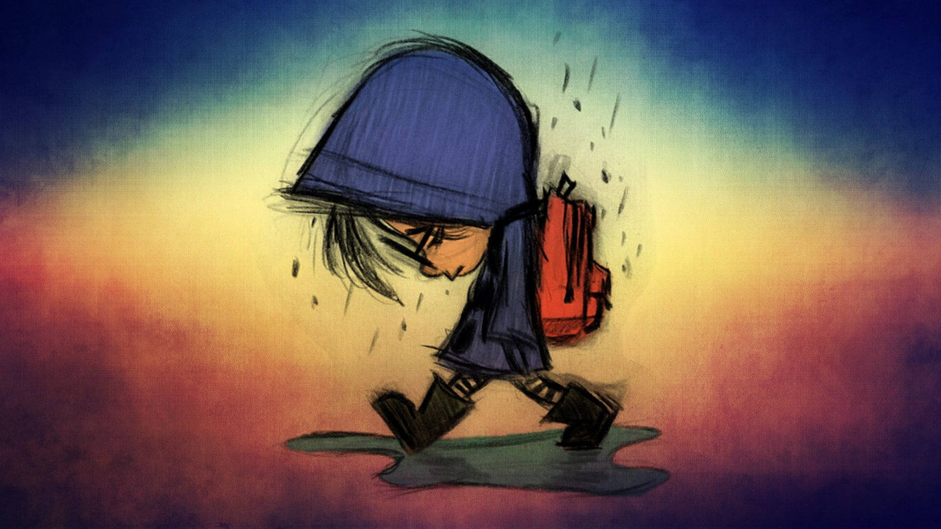 blue hood, red backpack, rain, Full HD Desktop Wallpaper