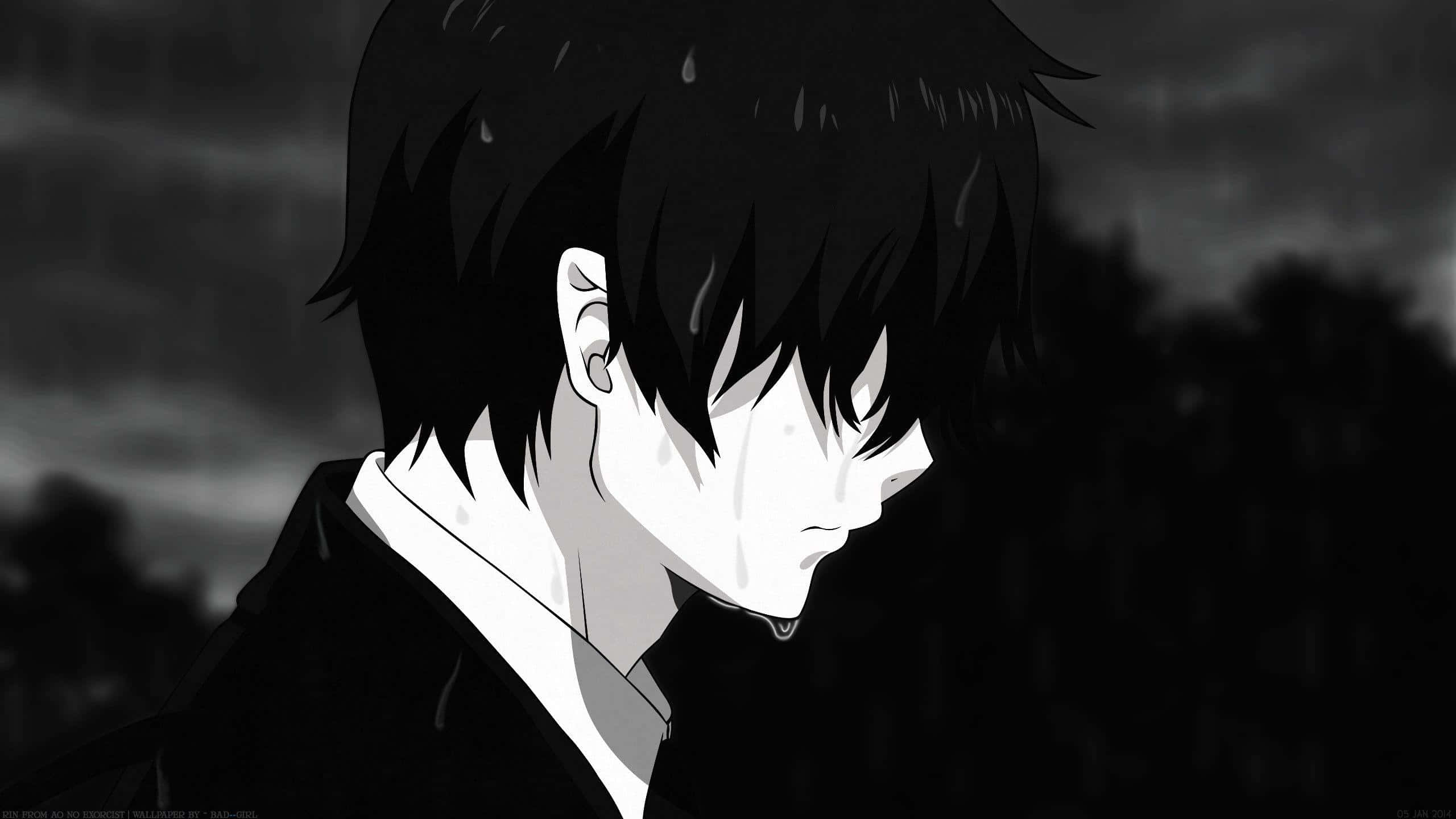 anime boy, black hair, tears, 2K Desktop Wallpaper