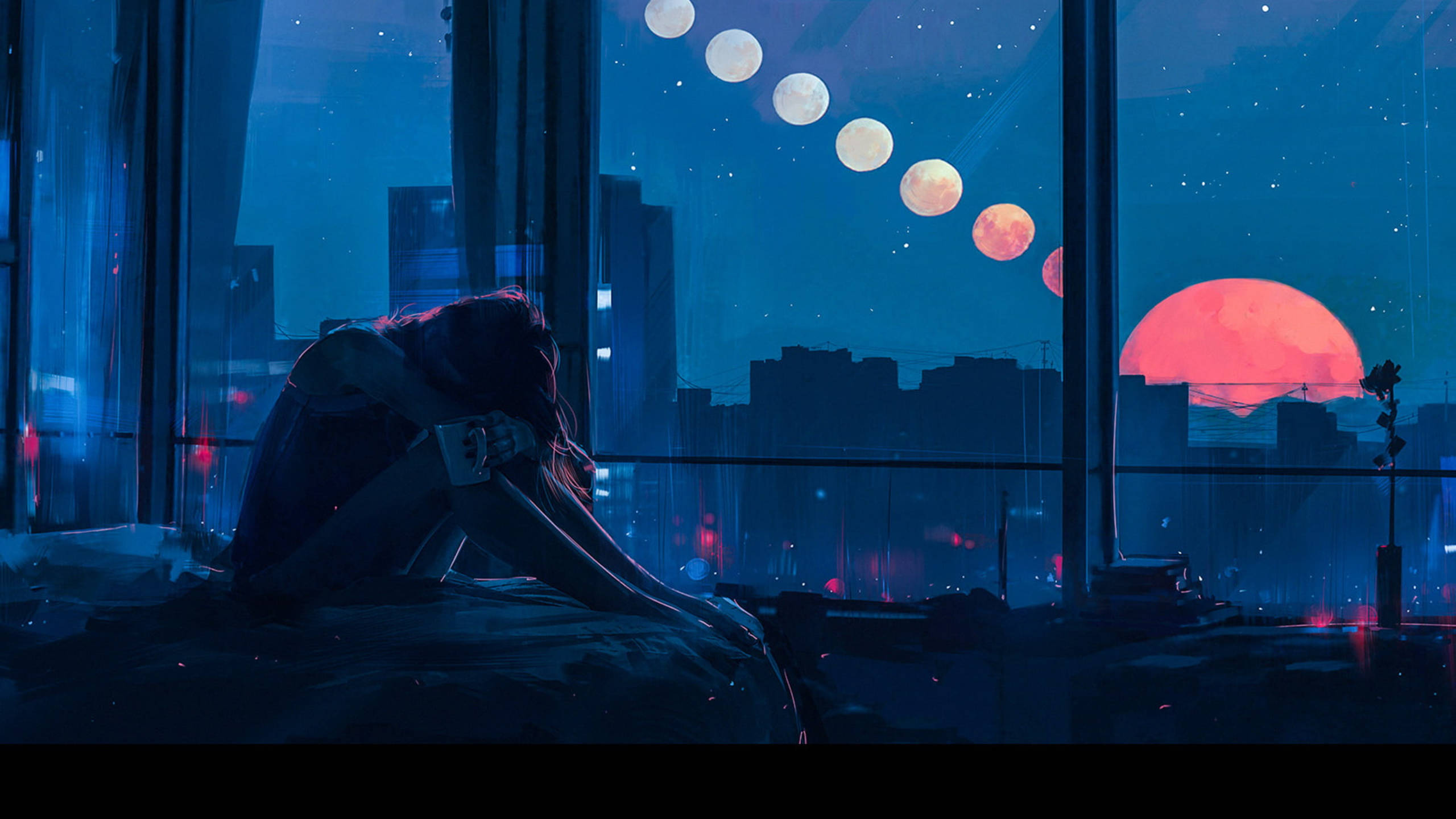 neon cityscape, surreal line of moons, glowing red sun, 2K Desktop Wallpaper
