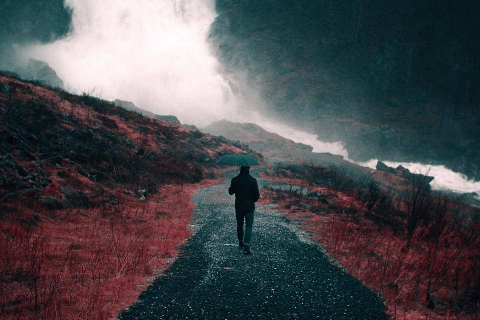 rain, wet path, misty volcanic landscape, SD Desktop Wallpaper