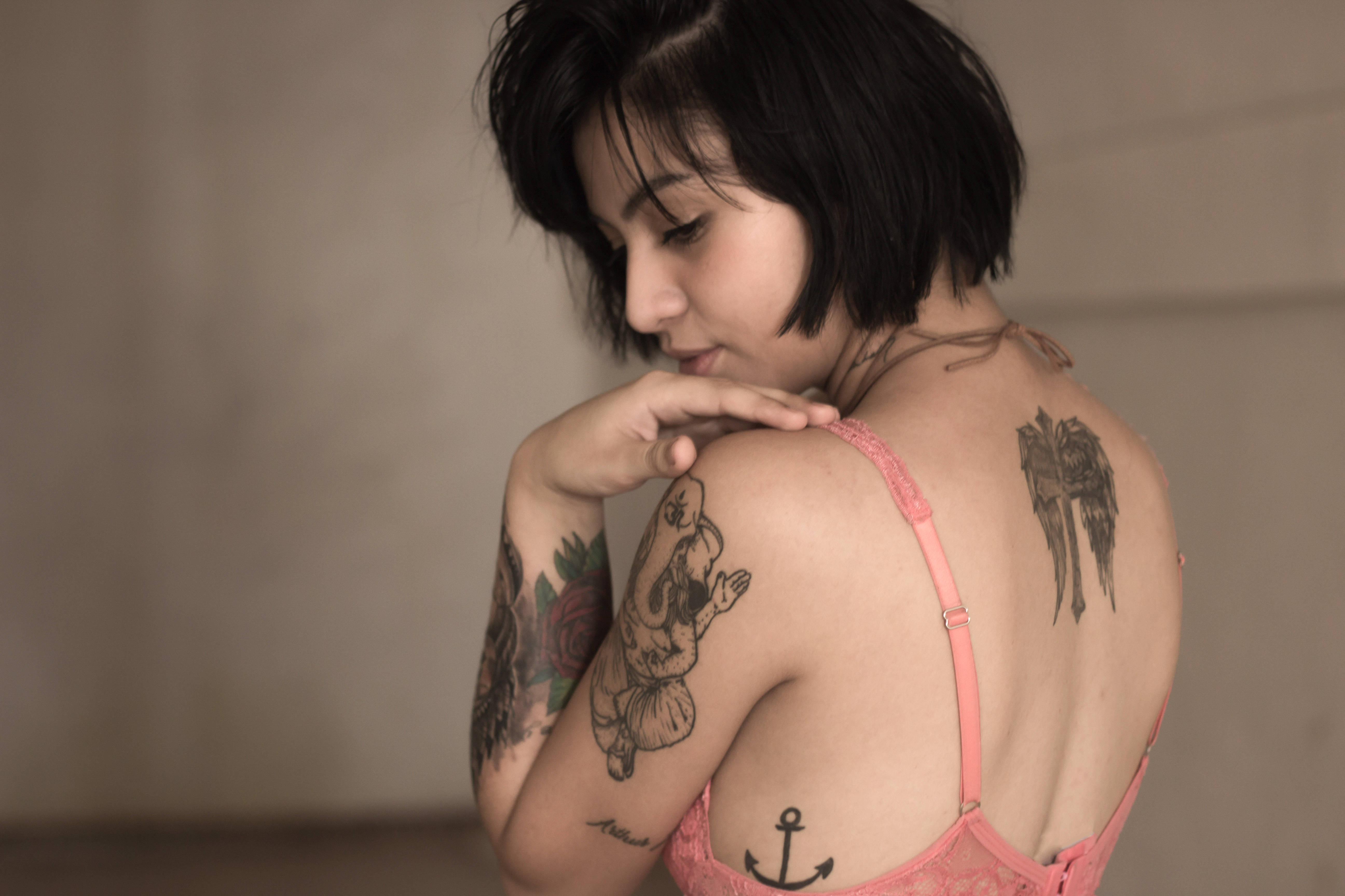 Sad Alone, tattooed woman, short dark hair, 5K Desktop Wallpaper