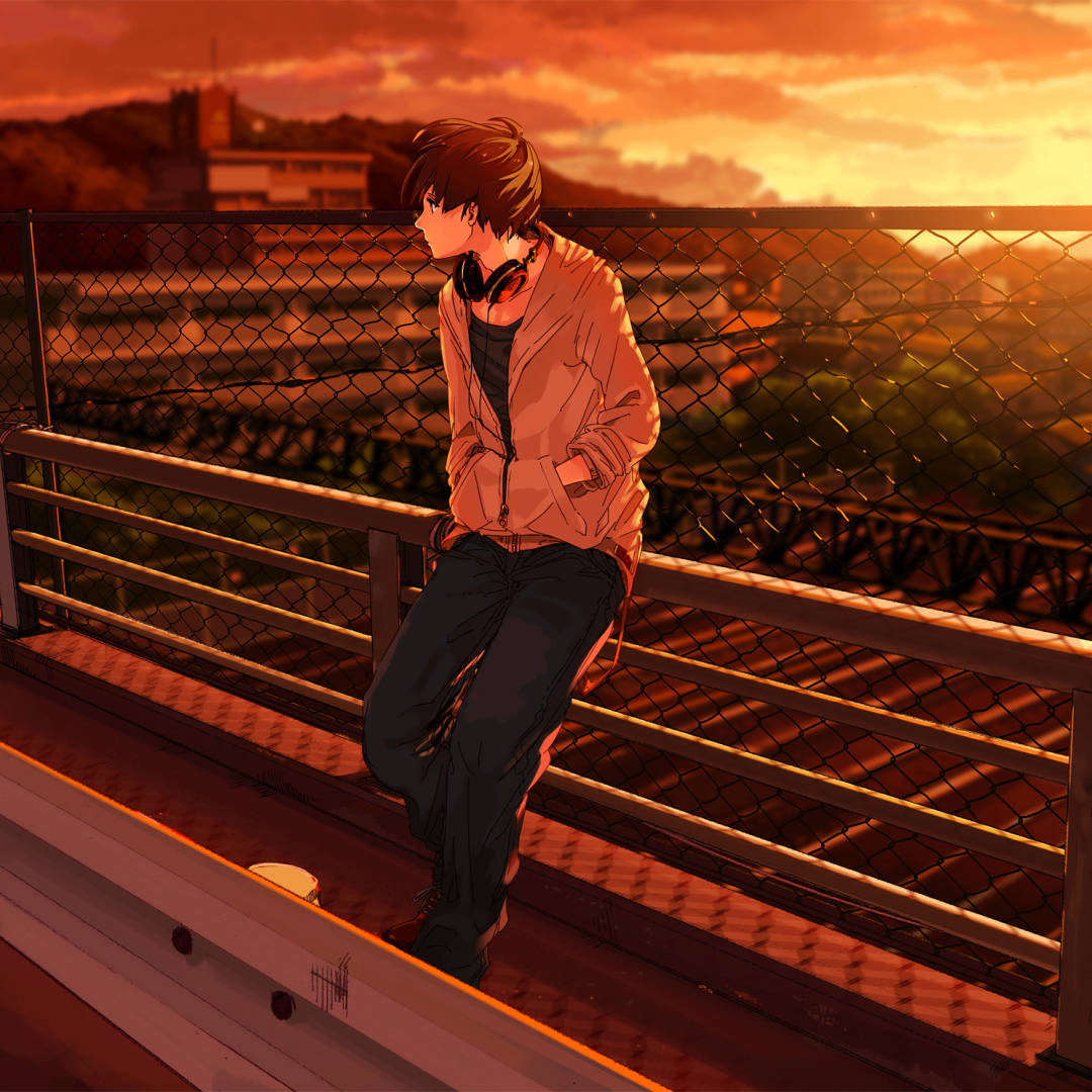 young anime boy, headphones, railing, SD Desktop Wallpaper