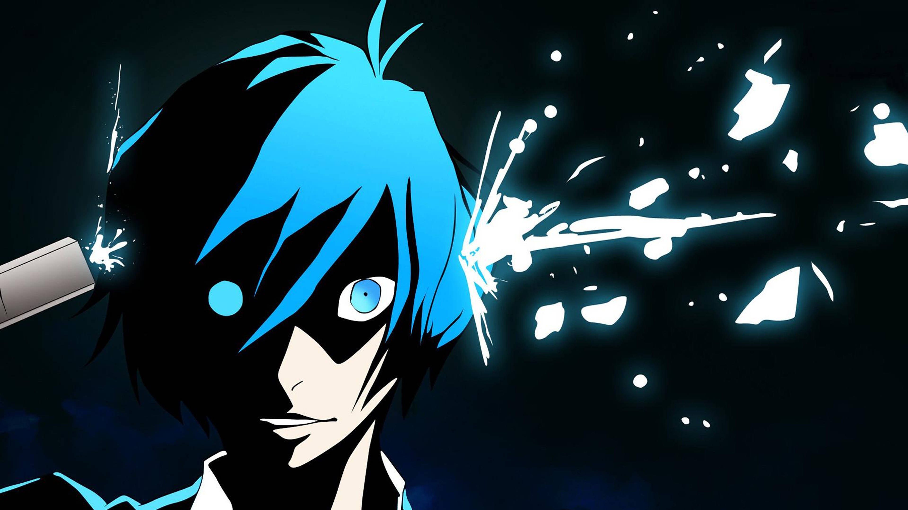 sad anime 4k, blue hair, glowing eyes, 4K Desktop Wallpaper