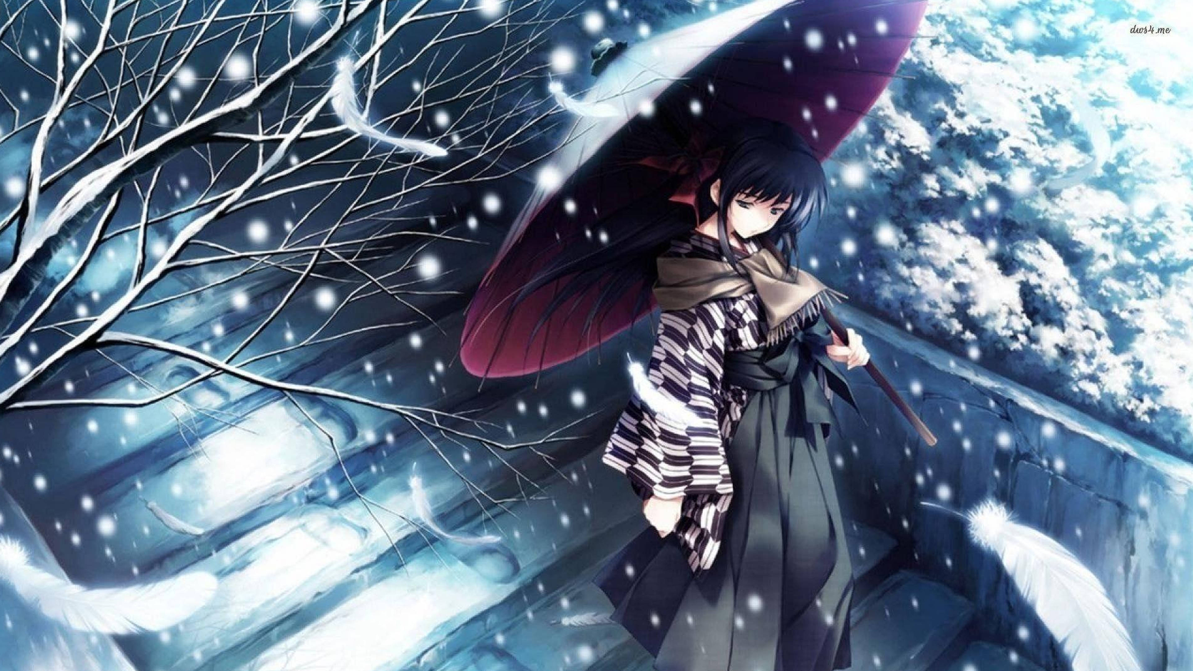 Sad Anime 4K, girl with umbrella, snow, 4K Desktop Wallpaper