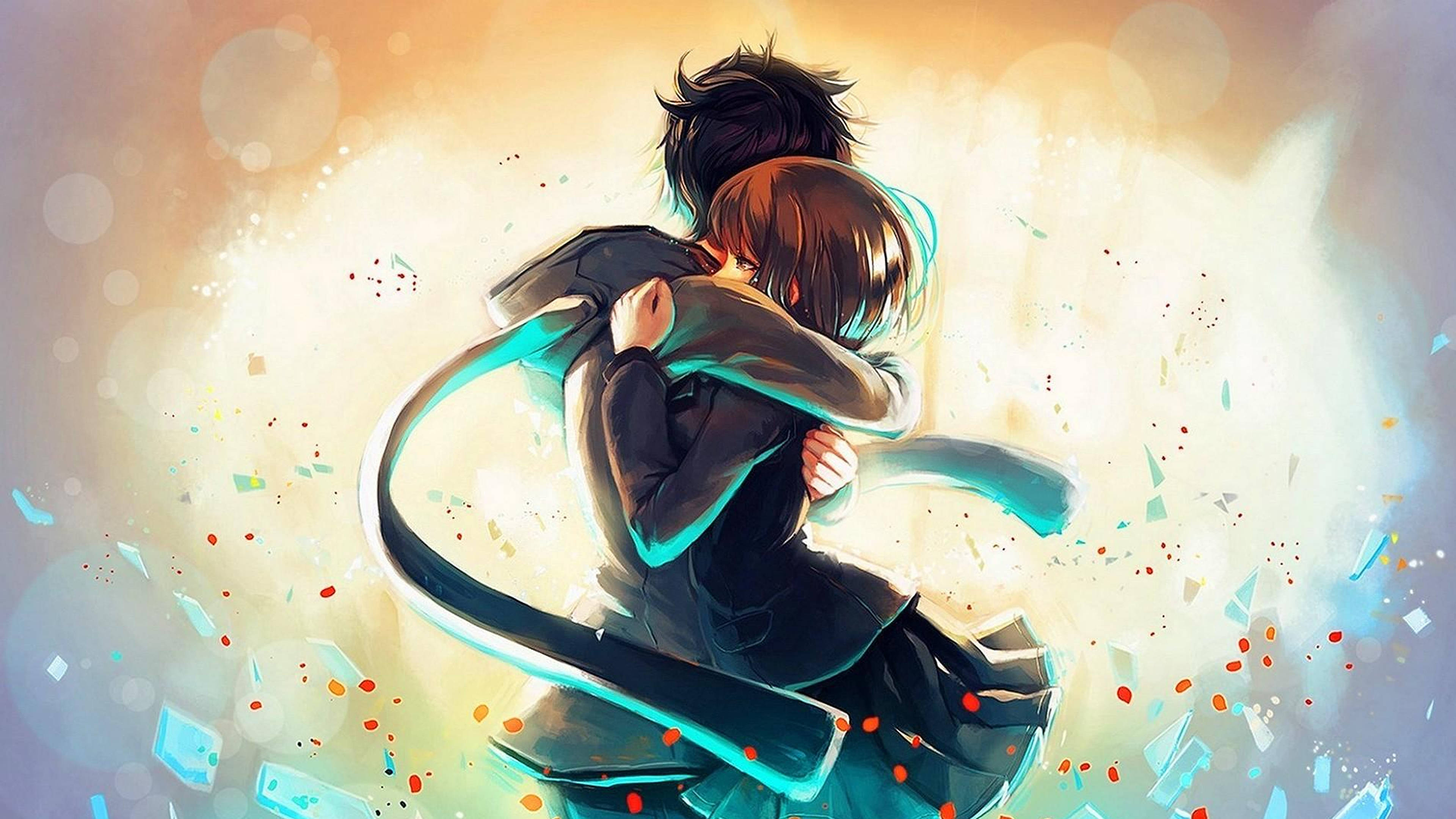Sad Anime 4K, boy and girl hugging, glowing backdrop, 4K Desktop Wallpaper