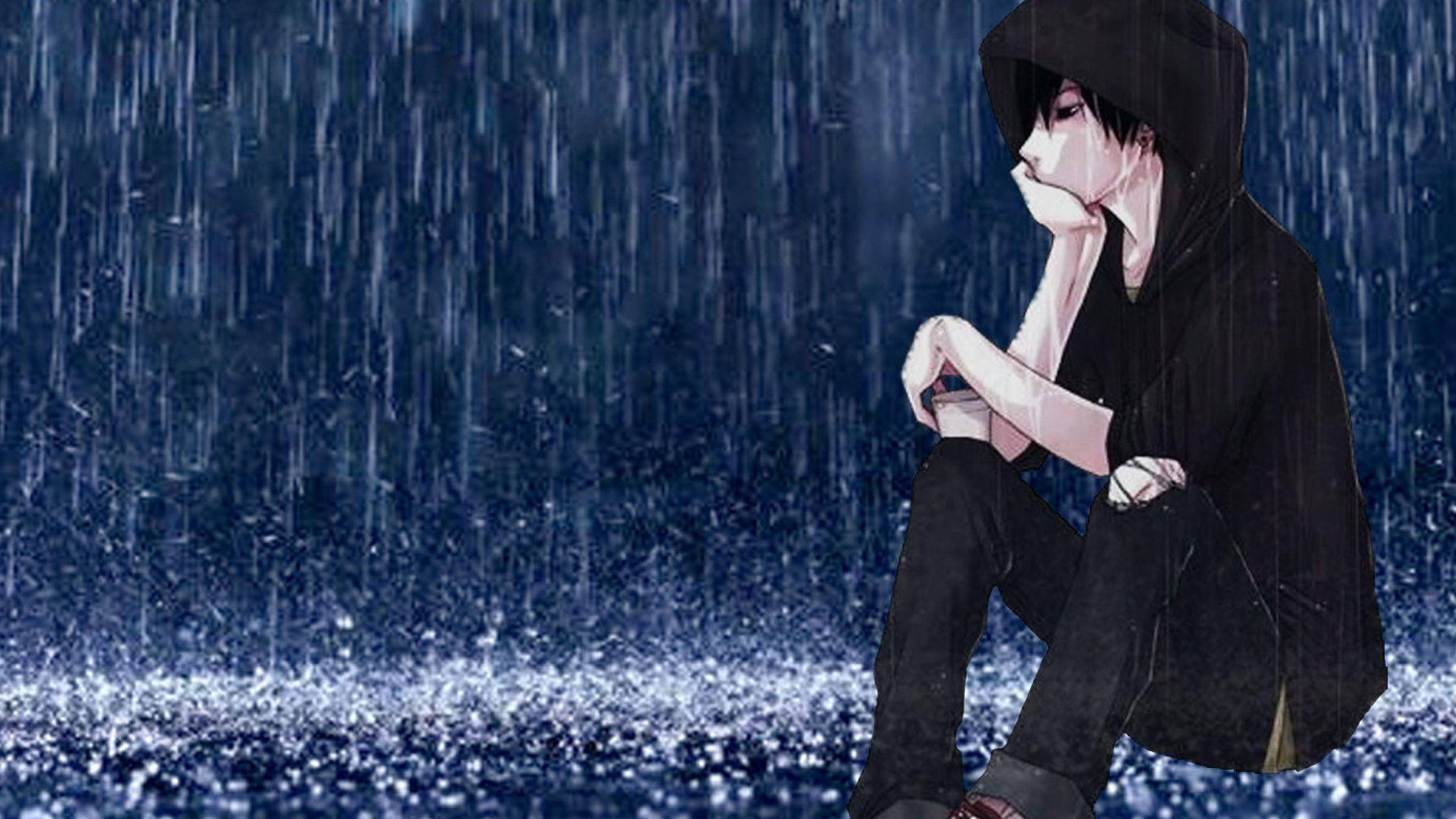 anime teen, black hoodie, heavy rain, 4K Desktop Wallpaper