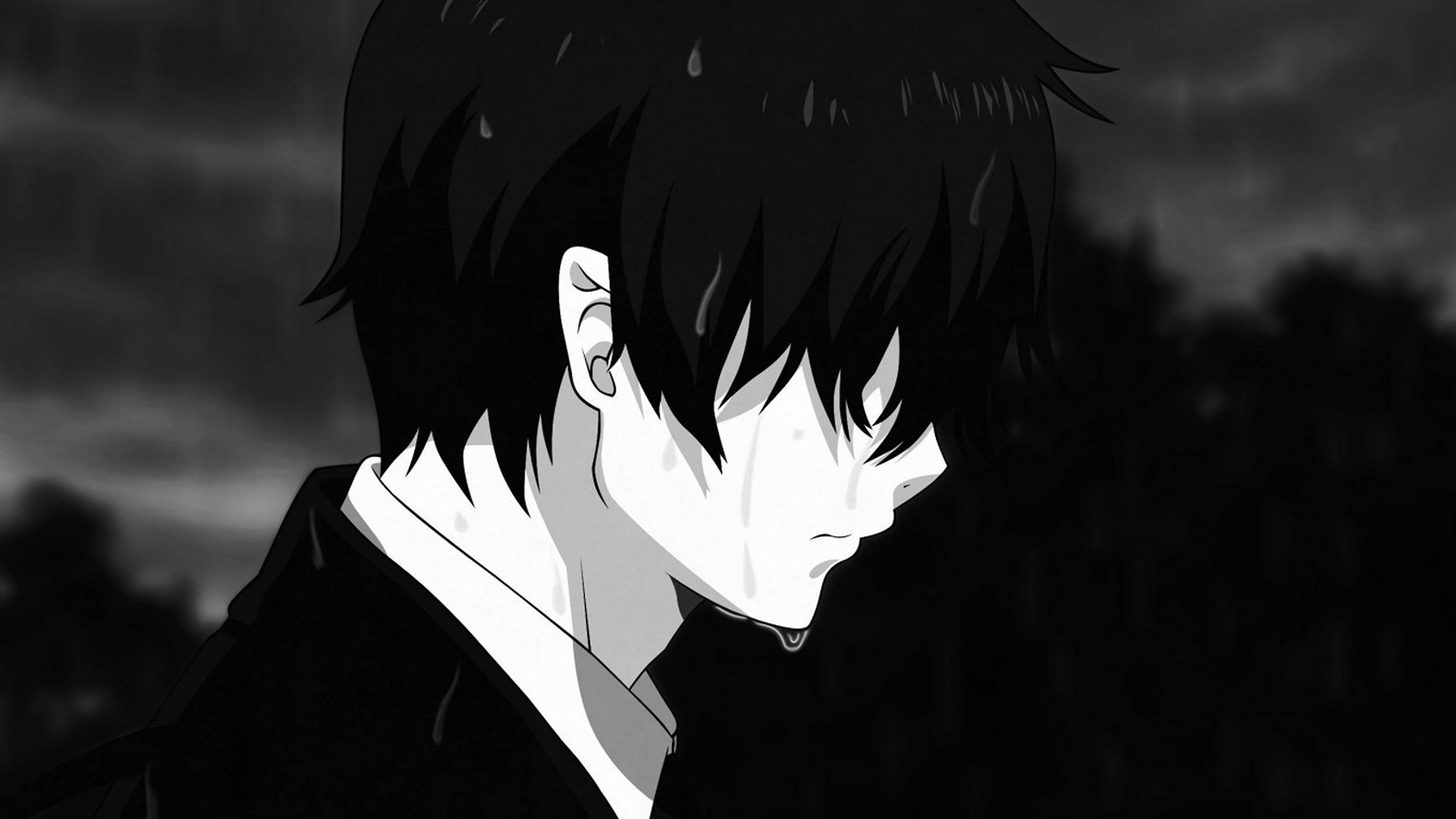 Sad Anime 4K, man crying in the rain, wet hair, 4K Desktop Wallpaper