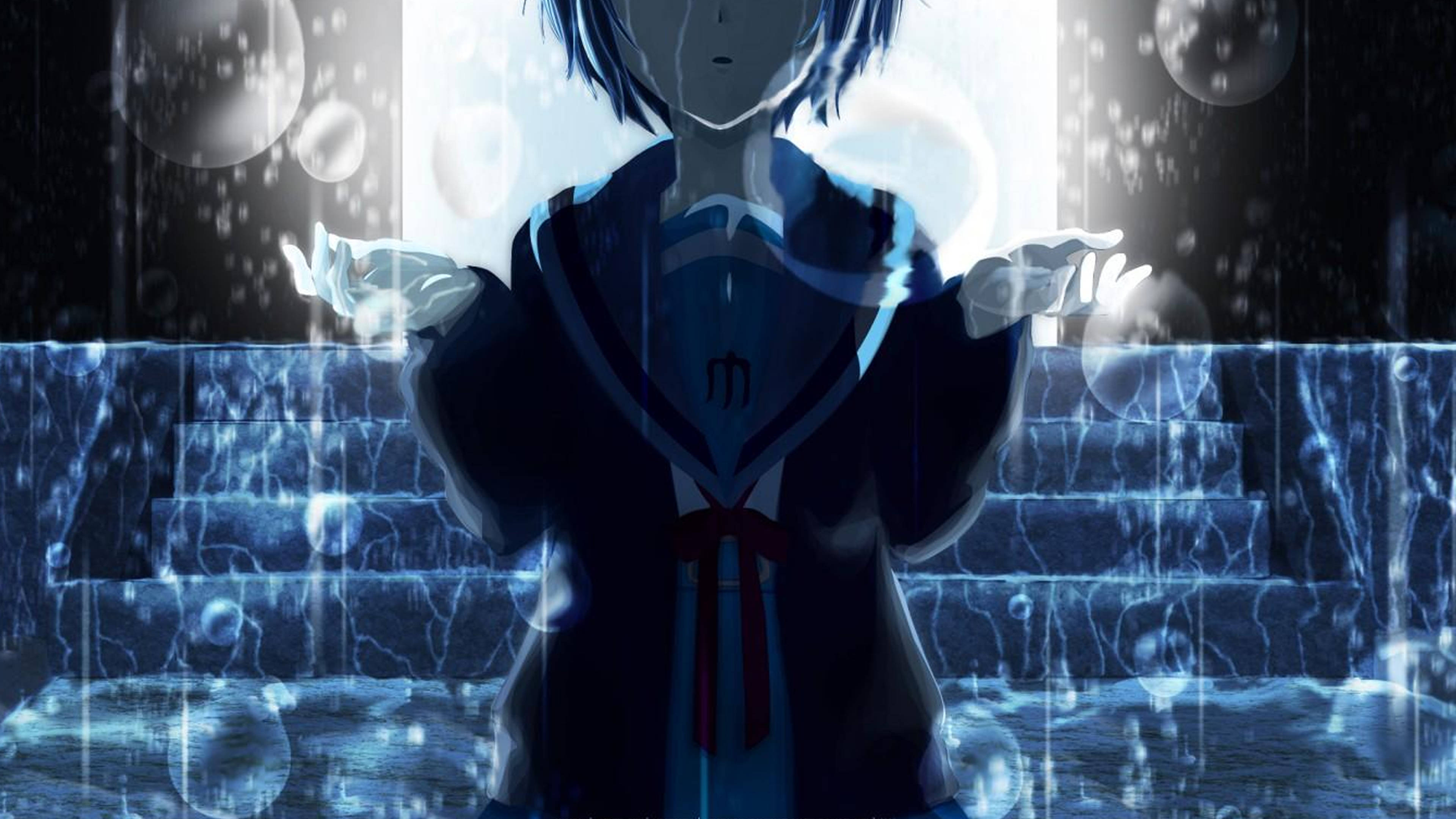 blue-haired anime girl, school uniform, icy steps, 4K Desktop Wallpaper