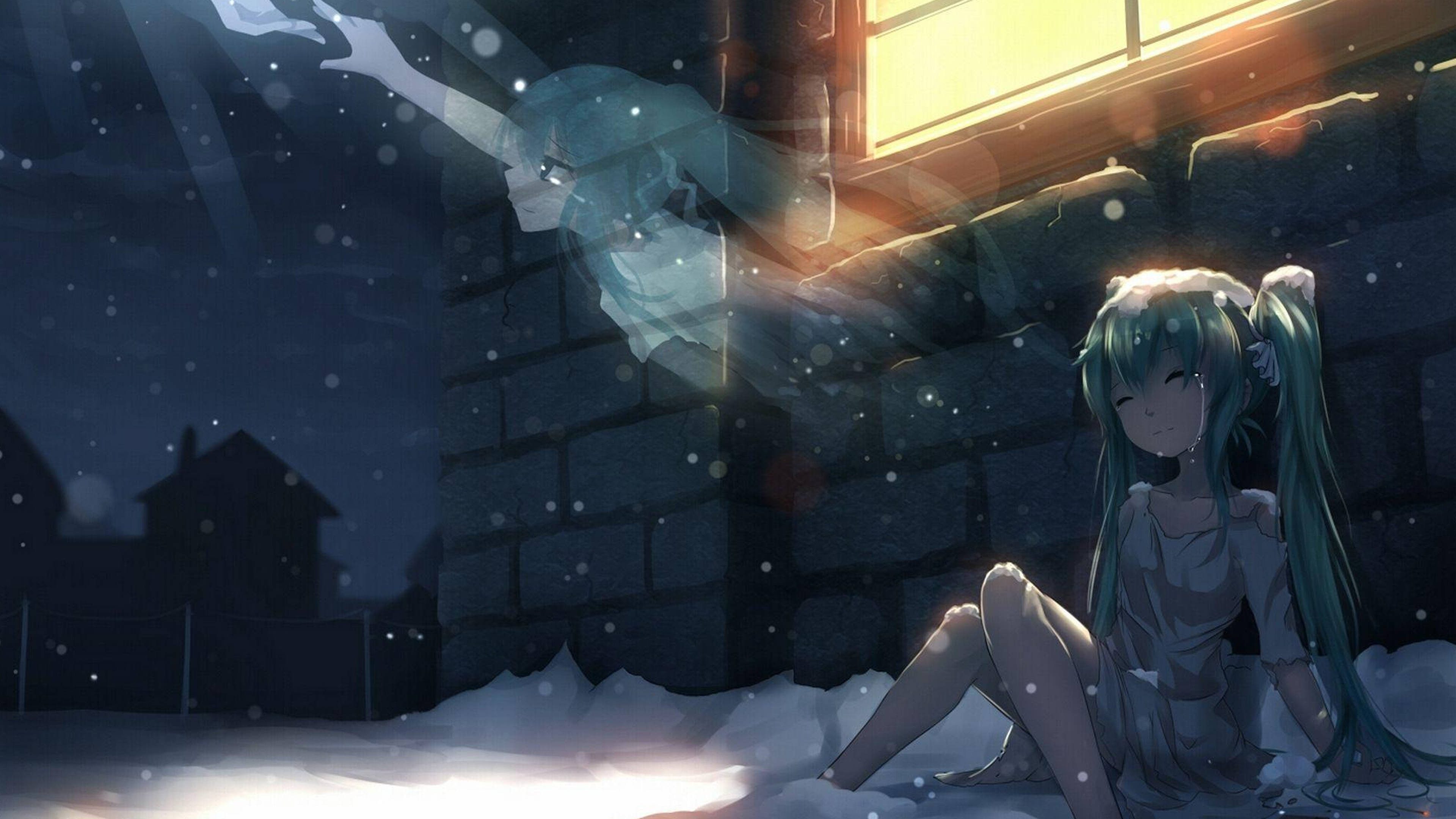 teal-haired anime girl, snow, stone wall, 4K Desktop Wallpaper