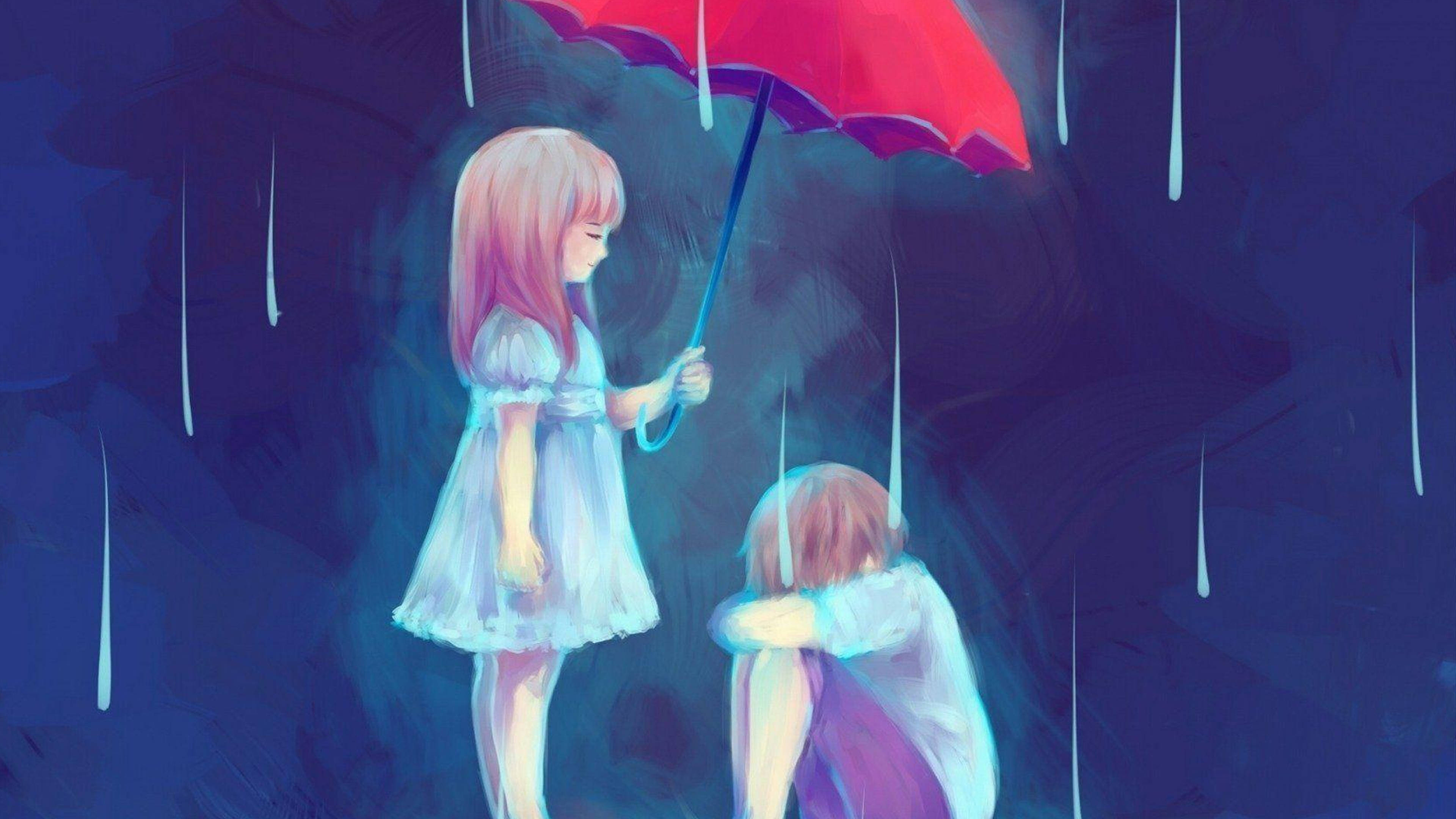 Sad Anime 4K, red umbrella, rainy scene, 4K Desktop Wallpaper