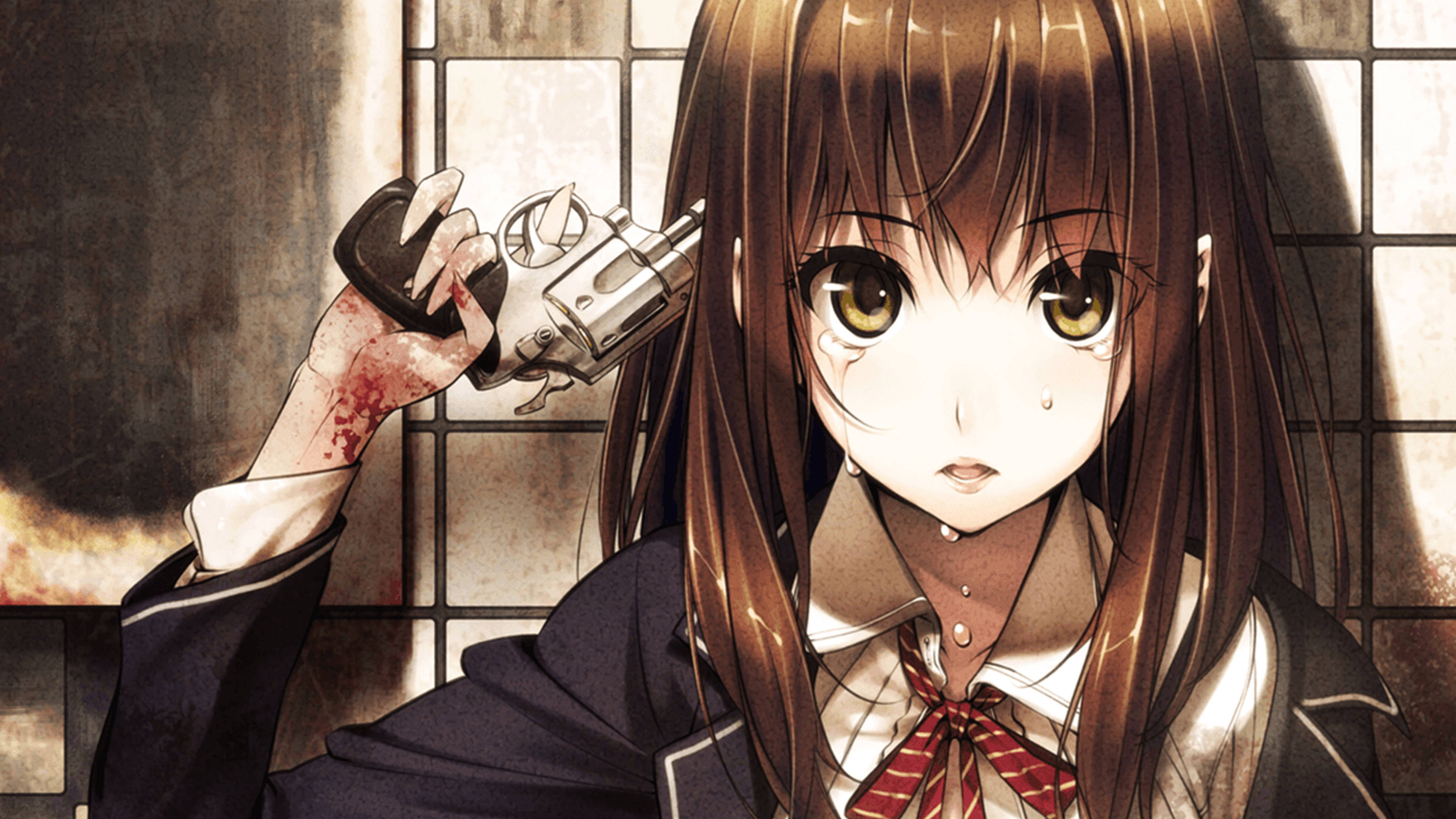 anime girl, school uniform, bloodied revolver, 4K Desktop Wallpaper