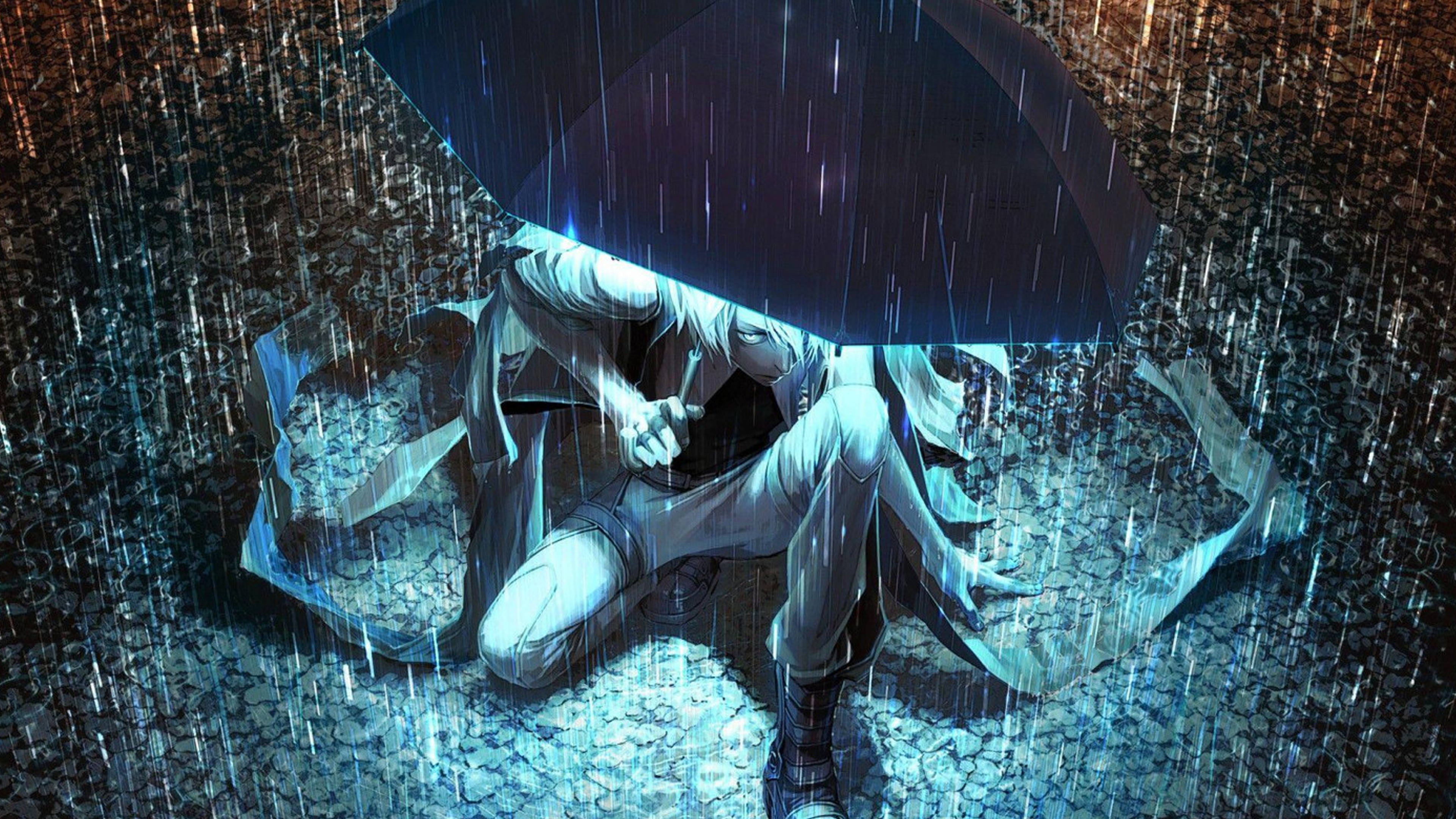 Sad Anime 4K, white hair, black umbrella, 4K Desktop Wallpaper