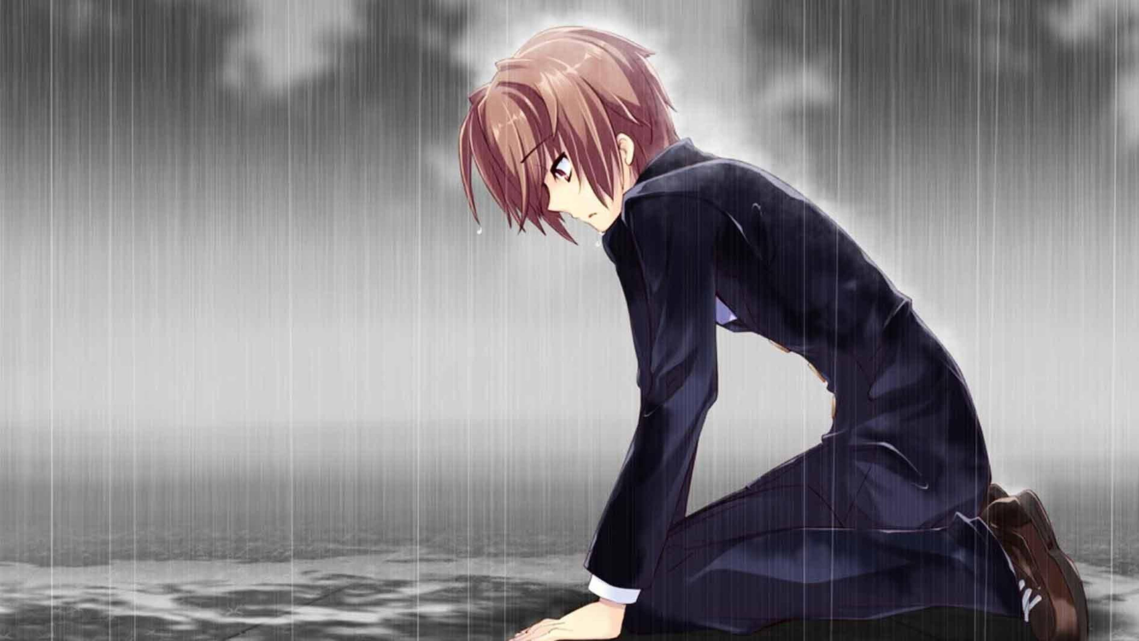 anime boy, kneels in the rain, dark school uniform, 4K Desktop Wallpaper