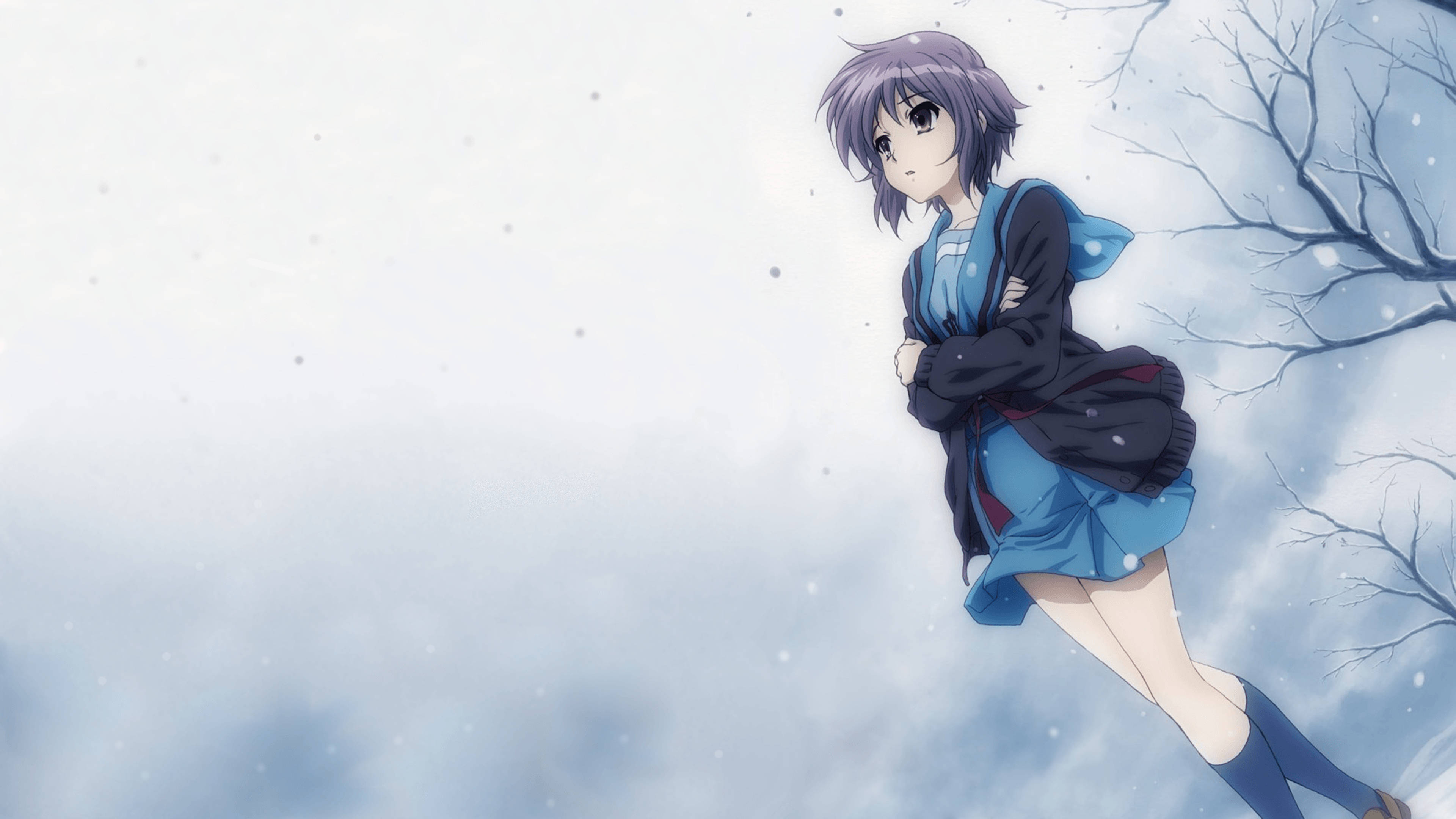 lonely girl, blue school uniform, falling snow, 4K Desktop Wallpaper