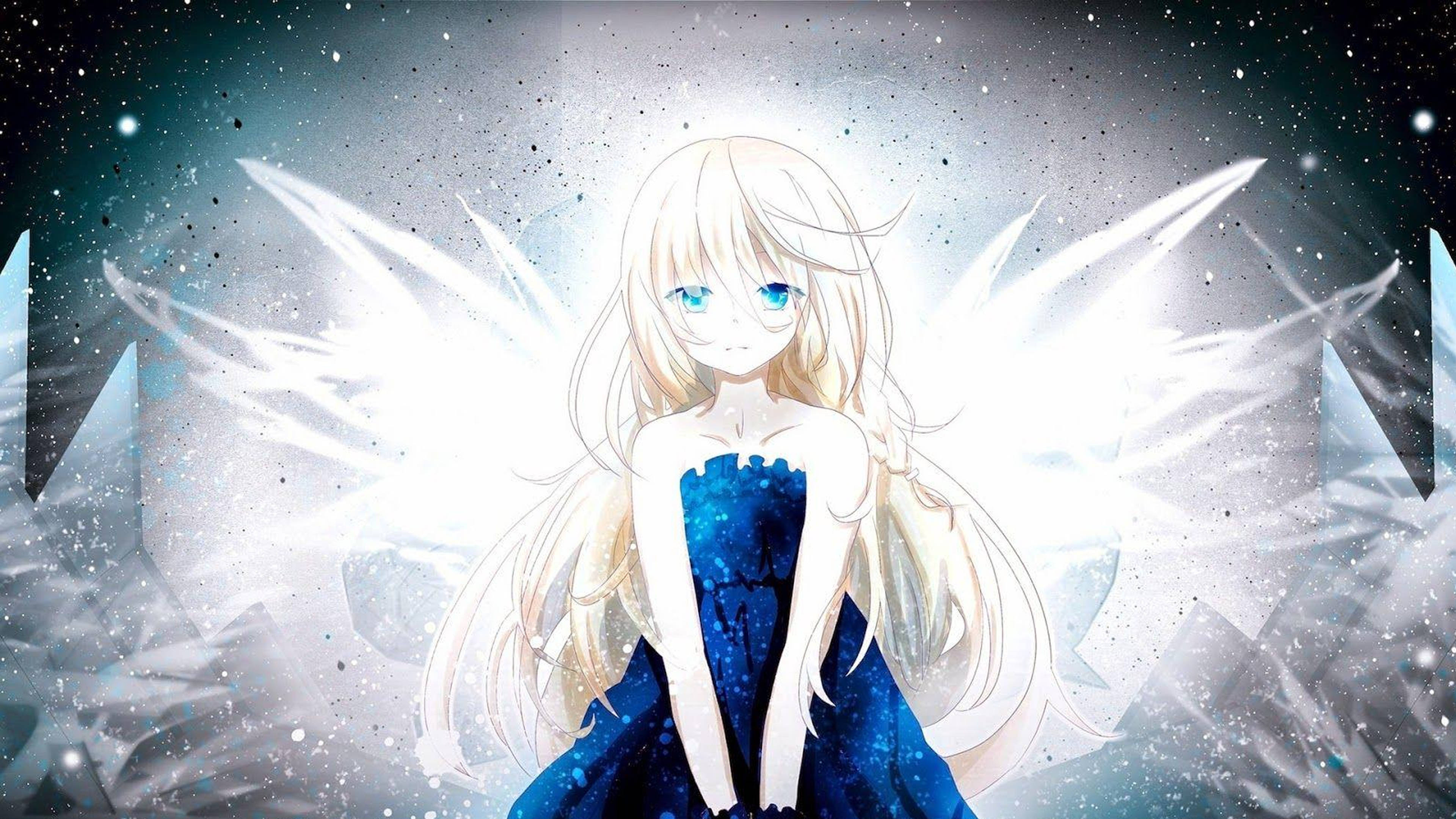 anime girl, white wings, blue eyes, 4K Desktop Wallpaper