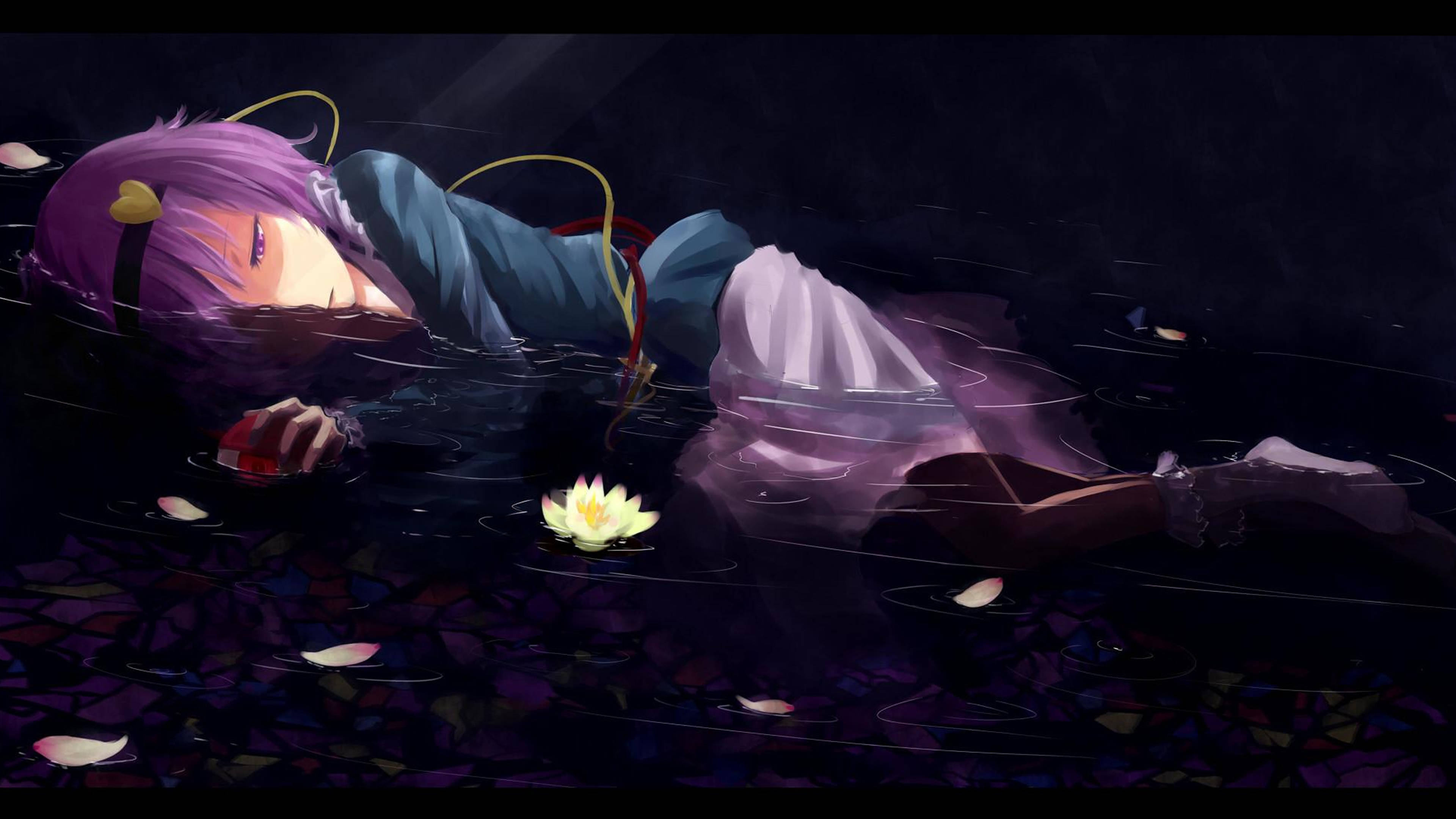 purple-haired anime girl, dark water, glowing white lotus flower, 4K Desktop Wallpaper