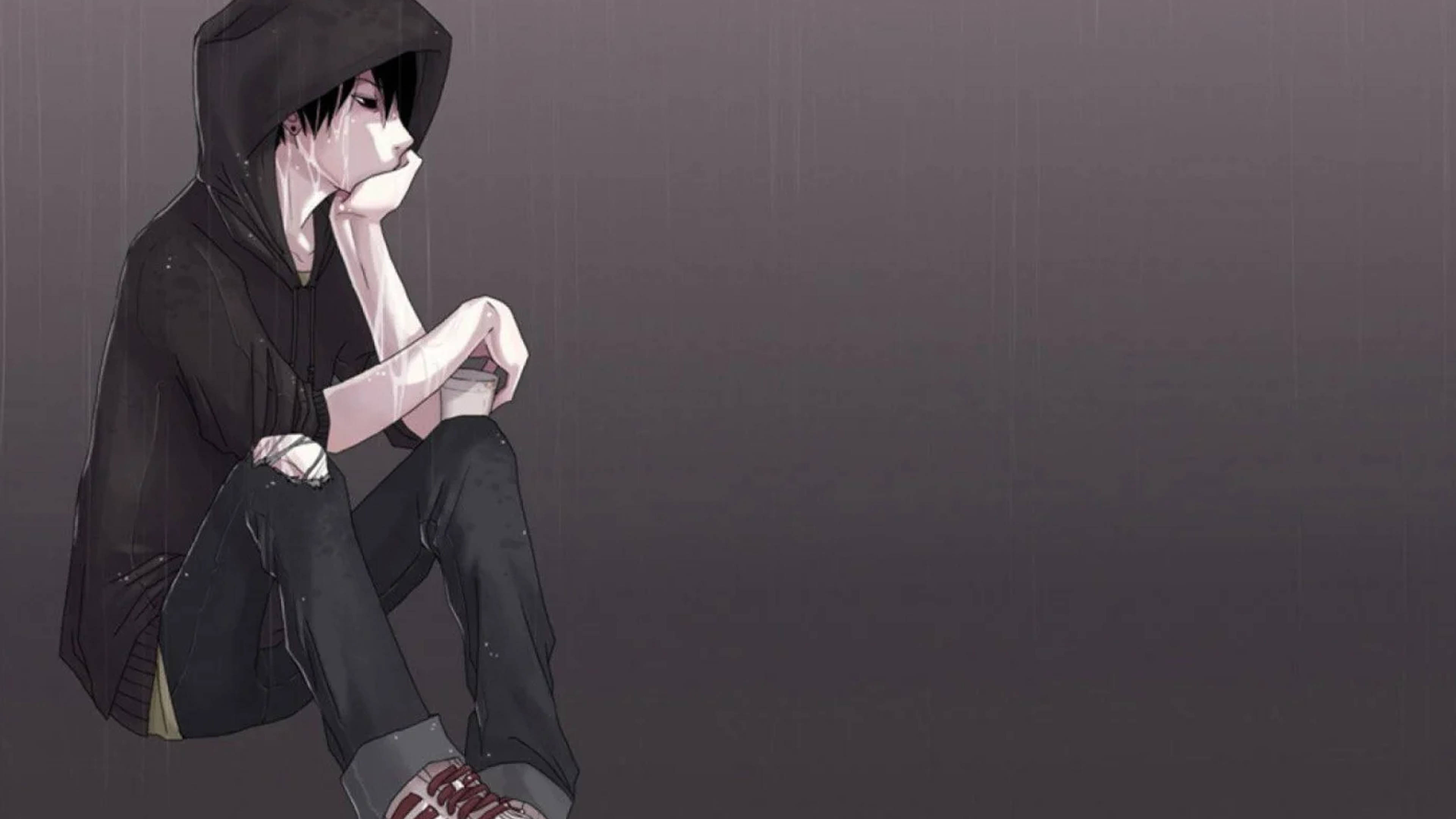 melancholic anime boy, black hoodie, rain, 4K Desktop Wallpaper