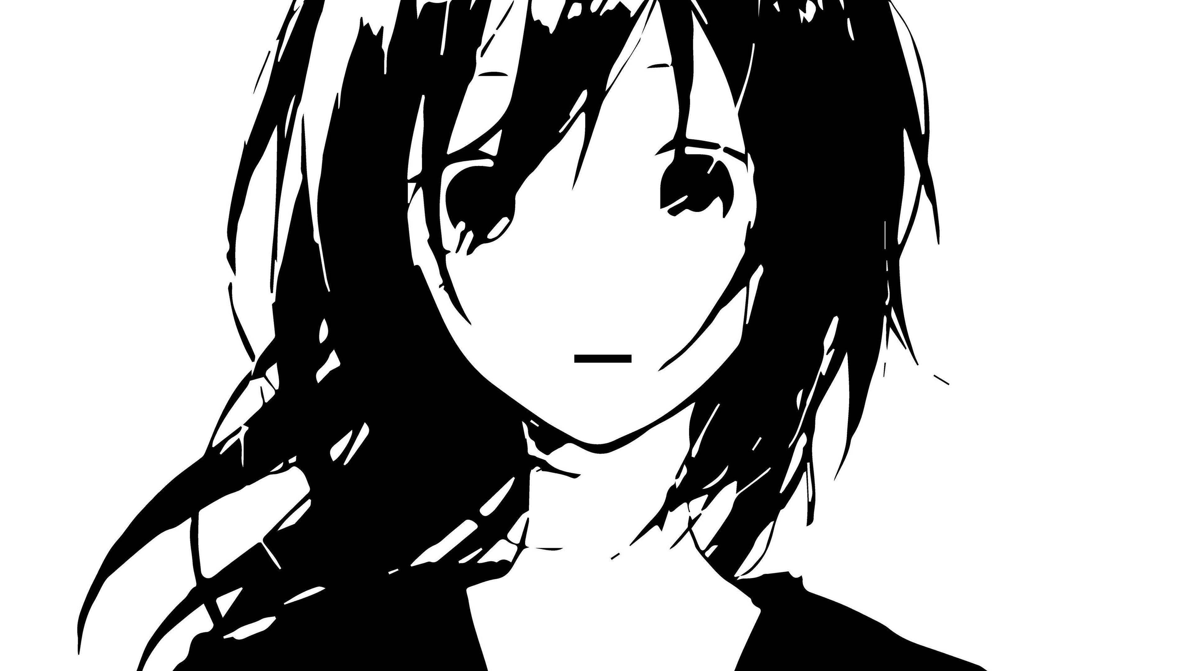 A stark black and white anime girl with messy hair and a neutral expression stares forward with large expressive eyes., 4K Desktop Wallpaper