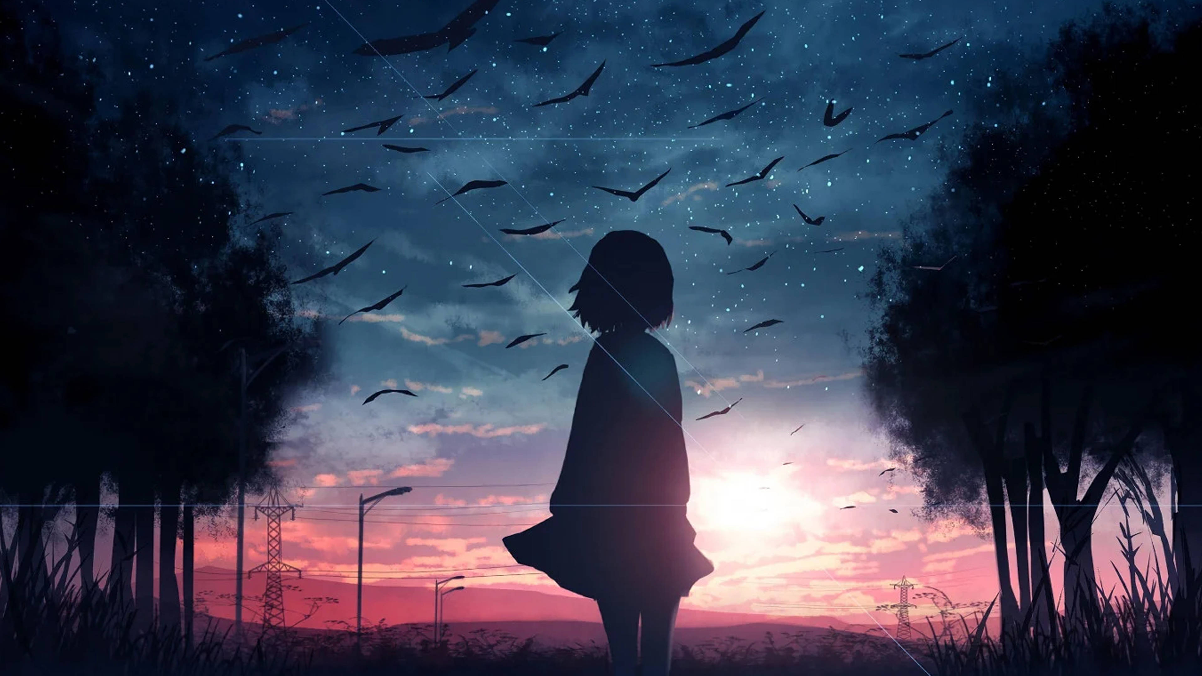 A lone girl stands in silhouette at dusk as birds fly across a starry twilight sky framed by trees., 4K Desktop Wallpaper