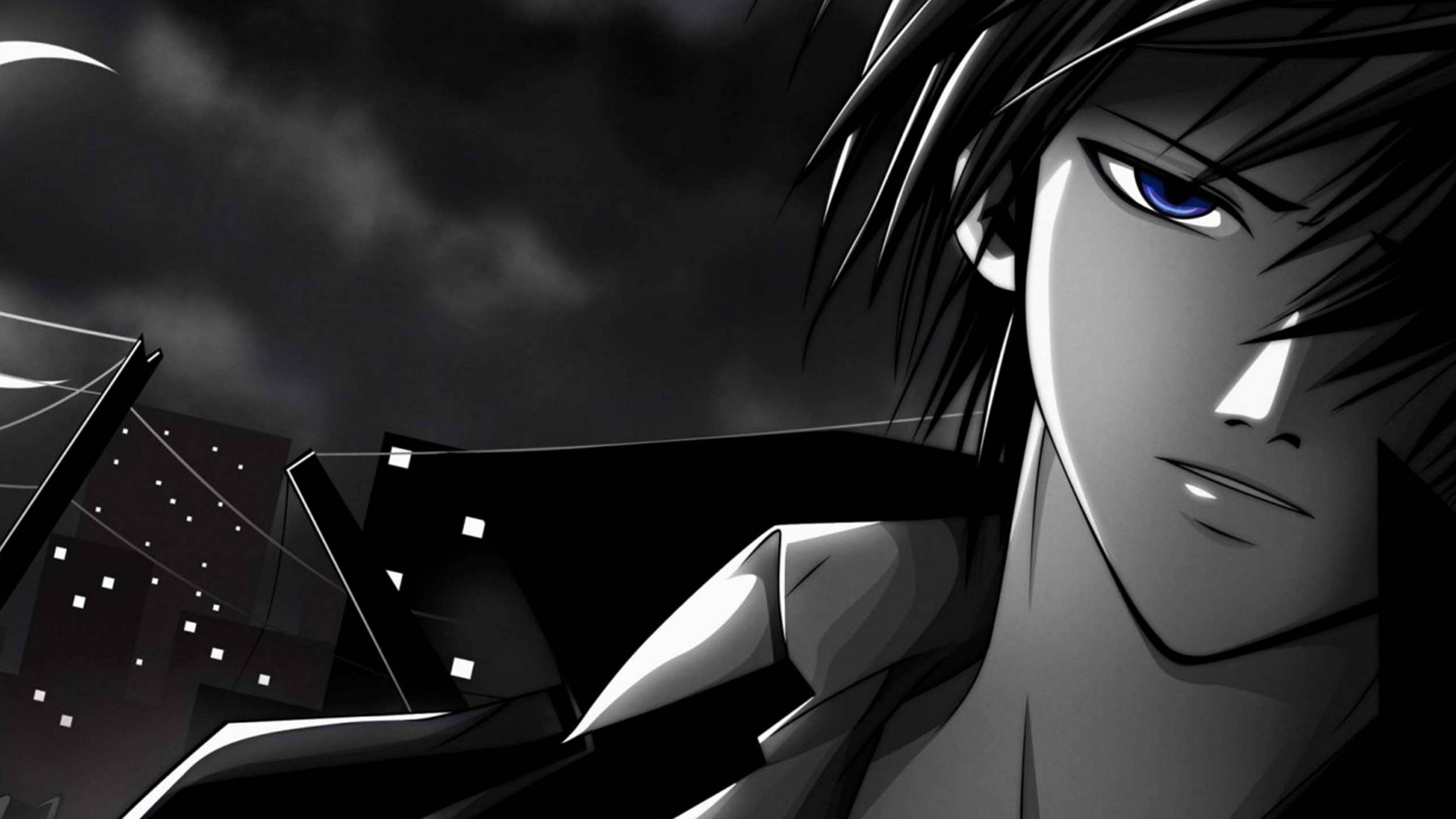 A moody anime character with piercing blue eyes and dark hair stares intensely against a stormy night cityscape., 4K Desktop Wallpaper