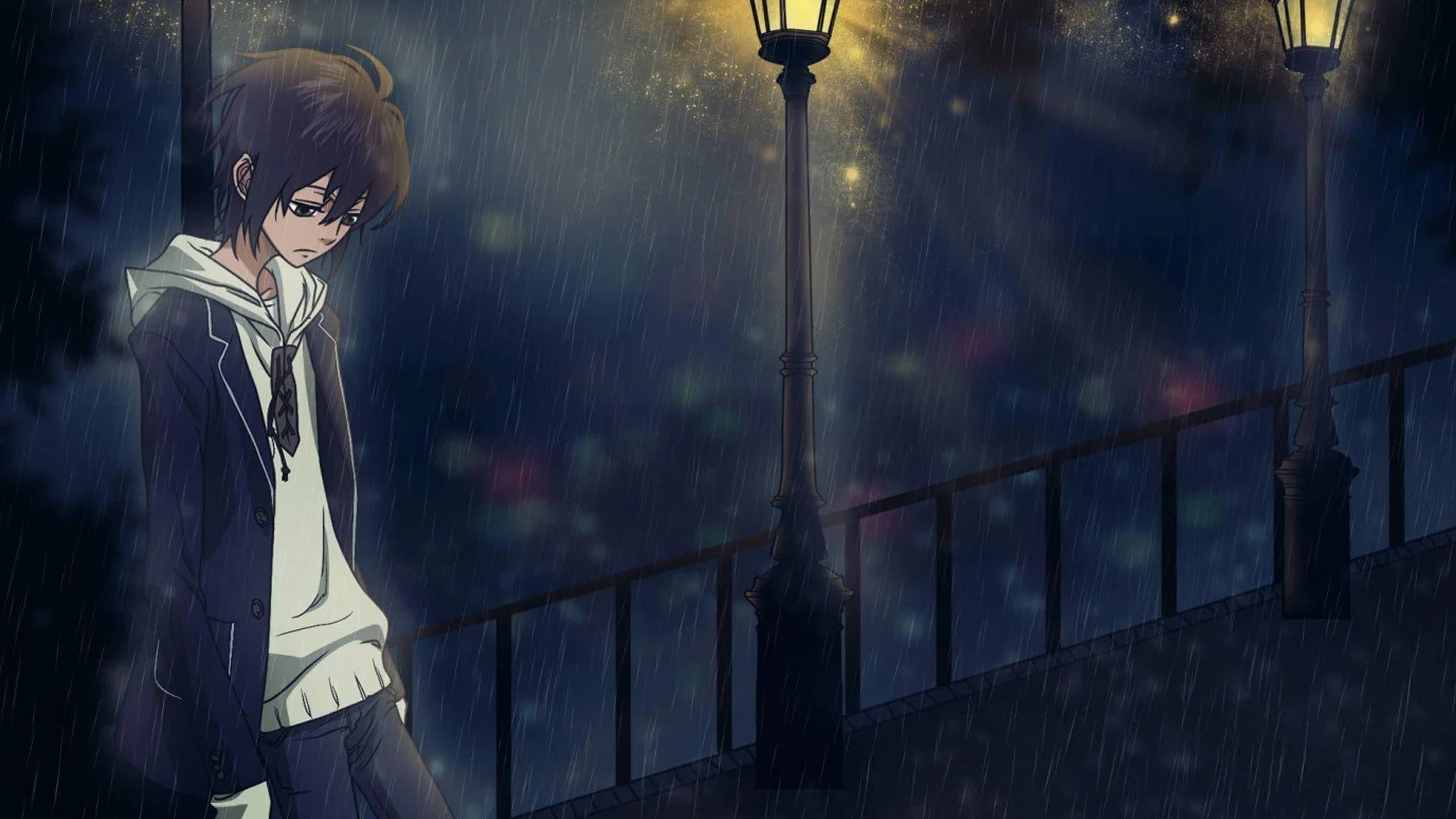 A melancholic anime boy stands alone on a rainy night bridge under glowing streetlamps with blurred city lights behind him., 4K Desktop Wallpaper