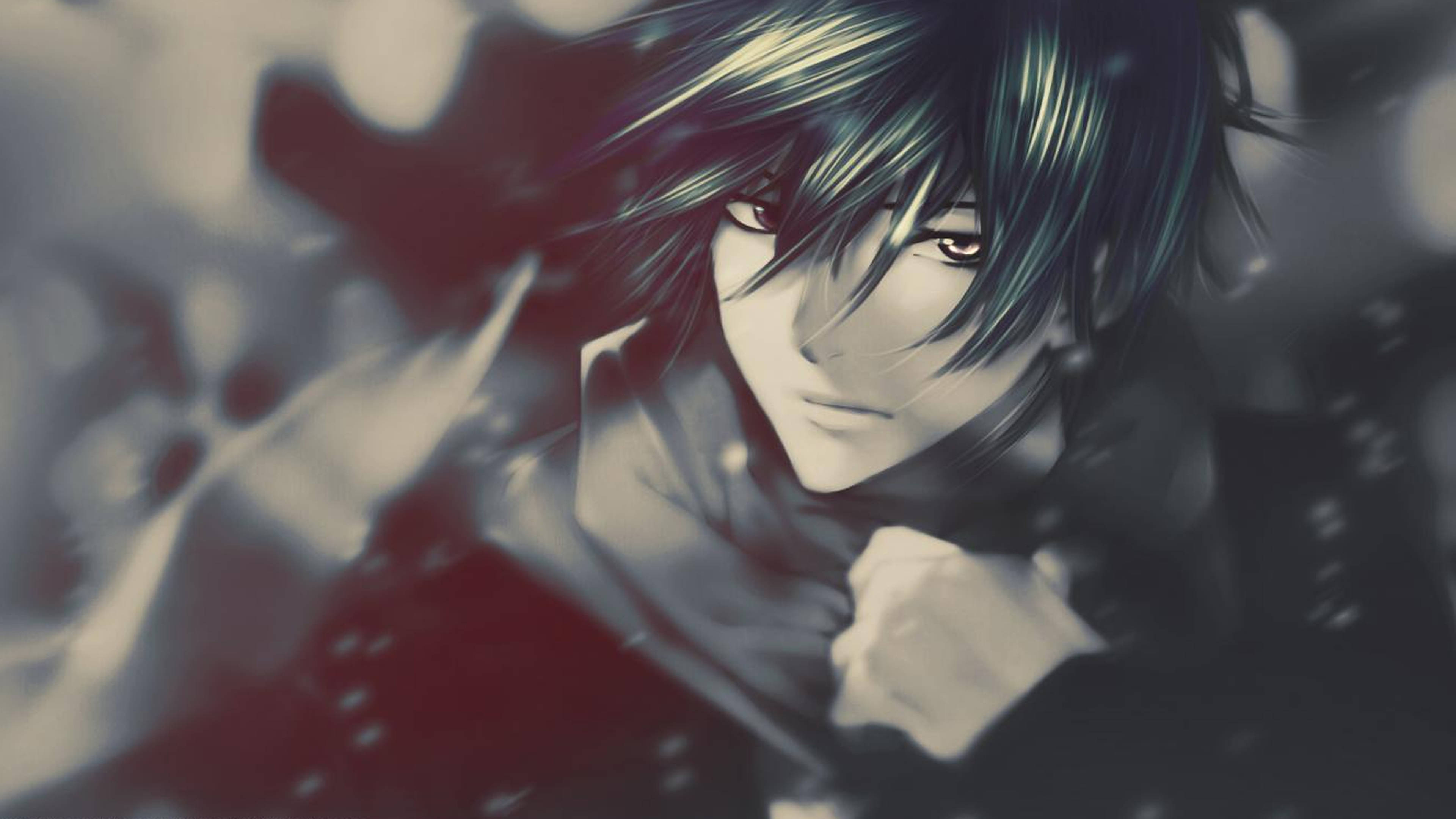 A moody anime character with dark hair and intense eyes gazes forward against a blurred red and gray background., 4K Desktop Wallpaper