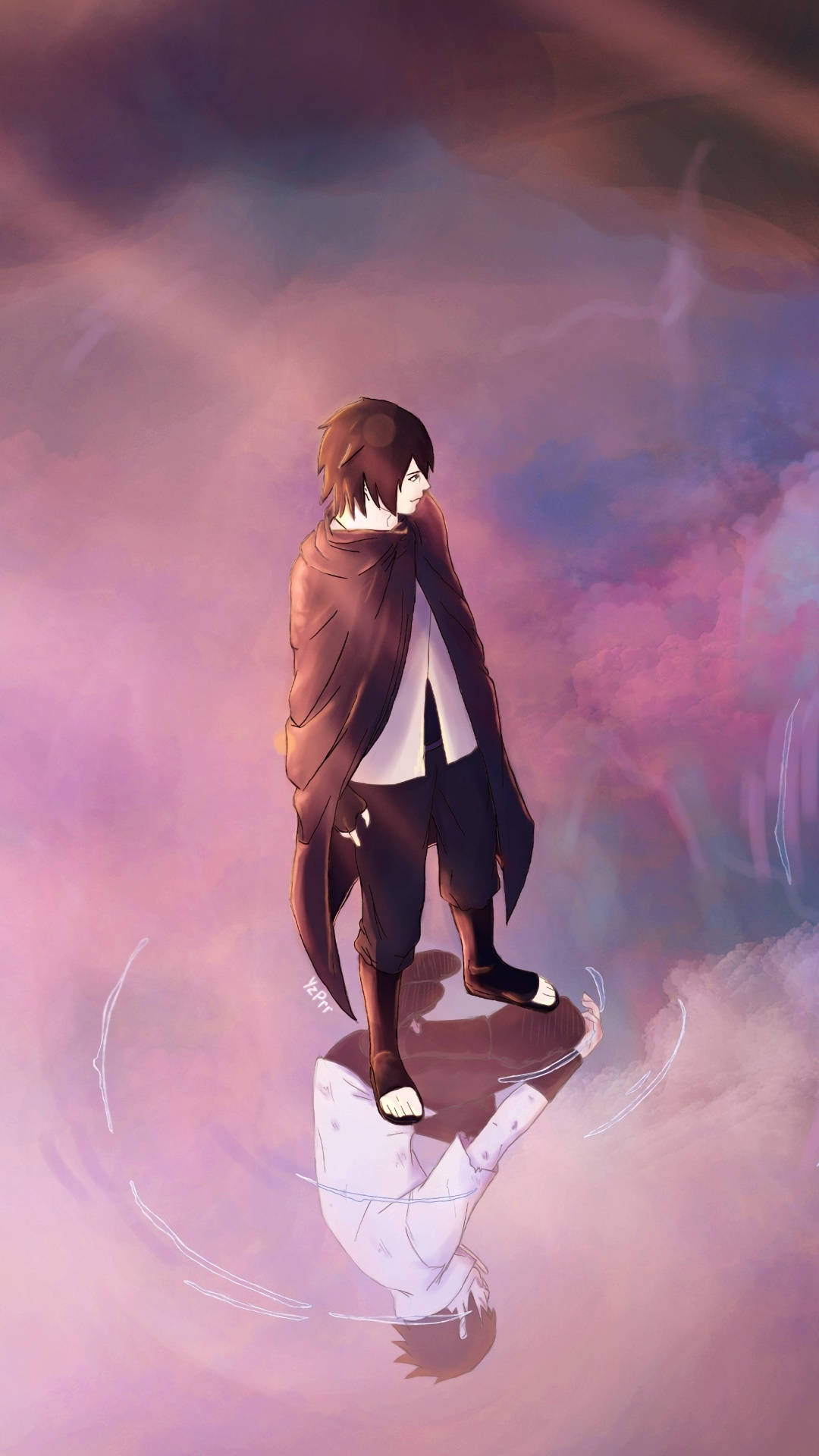 A lone anime character in a brown cloak stands atop swirling pink clouds with a mirrored reflection below., Full HD Phone Wallpaper