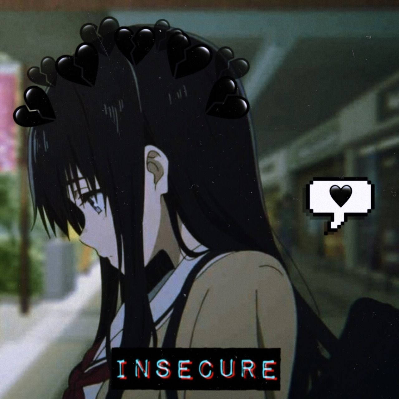 Anime girl with black hair and broken heart icons above her head looks down sadly in a blurred urban street scene., HD Desktop Wallpaper