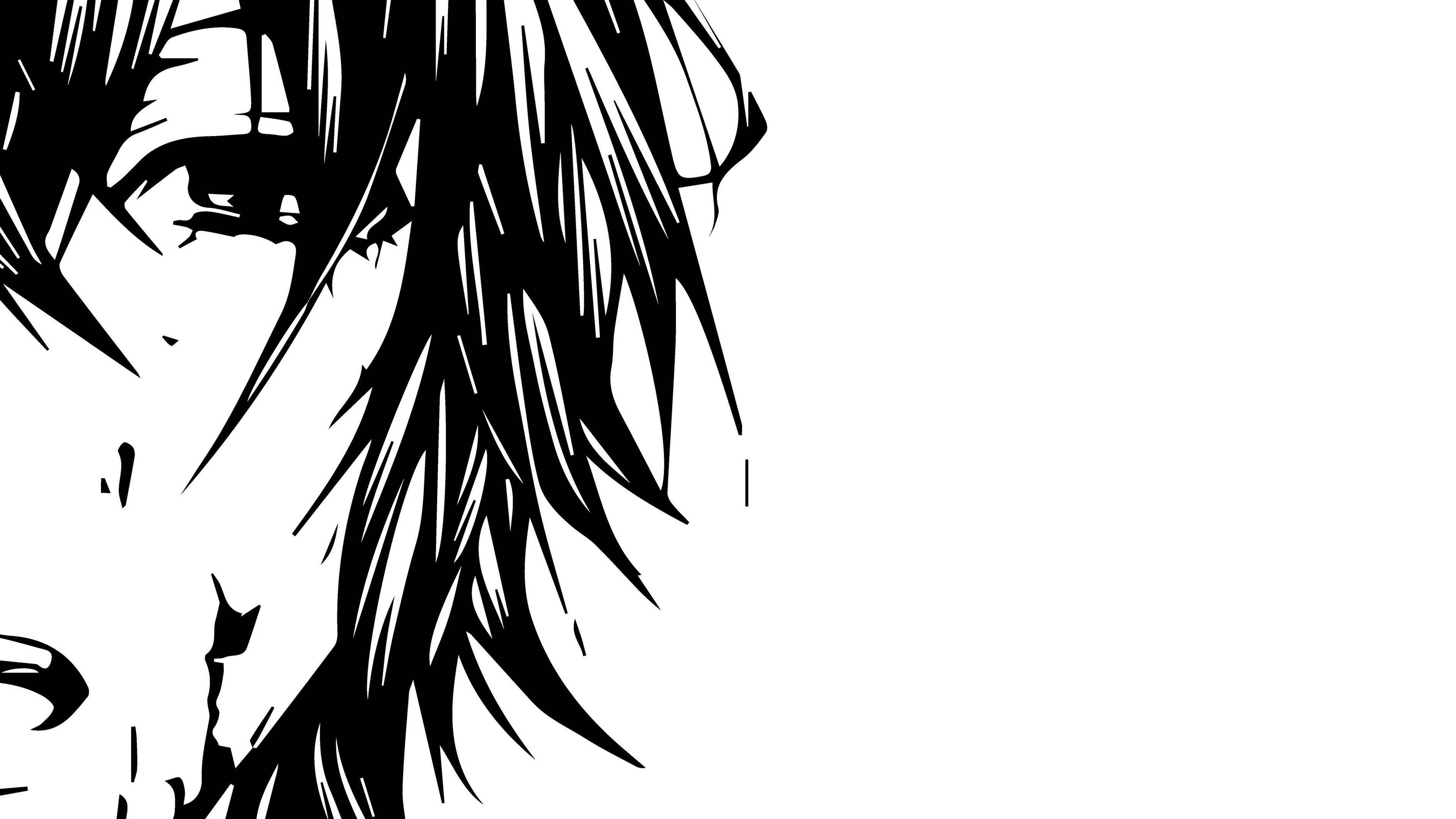 A stark black and white anime-style illustration of a character's intense eye and spiky hair against a plain white background., 4K Desktop Wallpaper