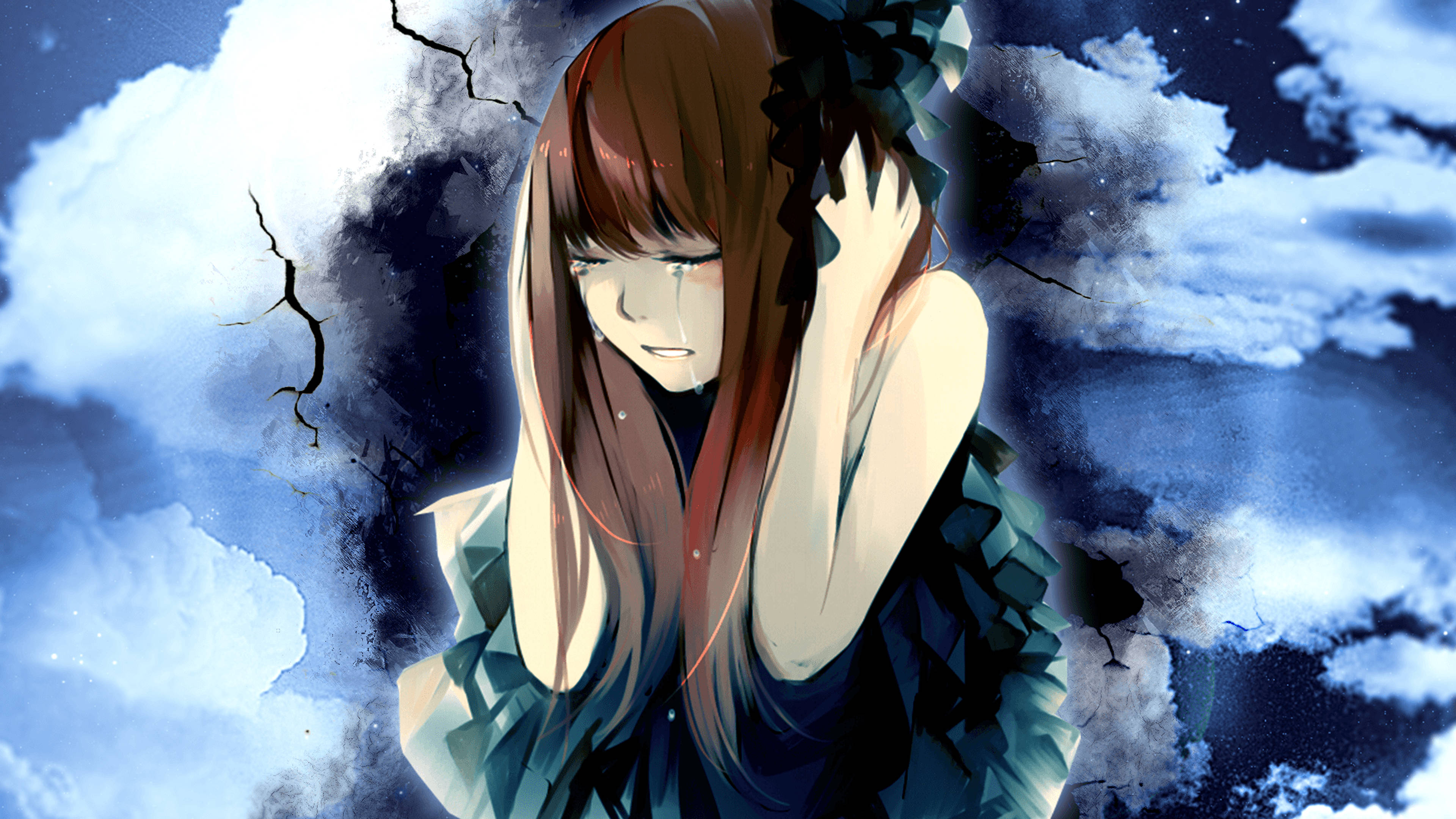 A sorrowful anime girl with long brown hair cries under a cracked stormy sky filled with dark clouds., 4K Desktop Wallpaper