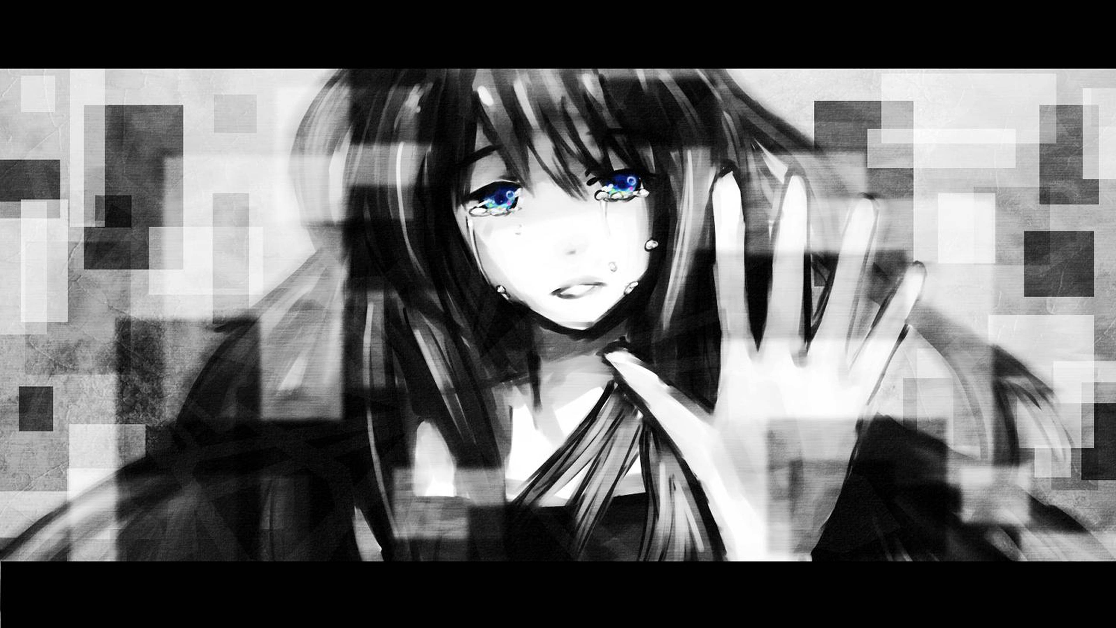 A melancholic anime girl with blue eyes presses her hand against a pixelated glass barrier in monochrome tones., 4K Desktop Wallpaper