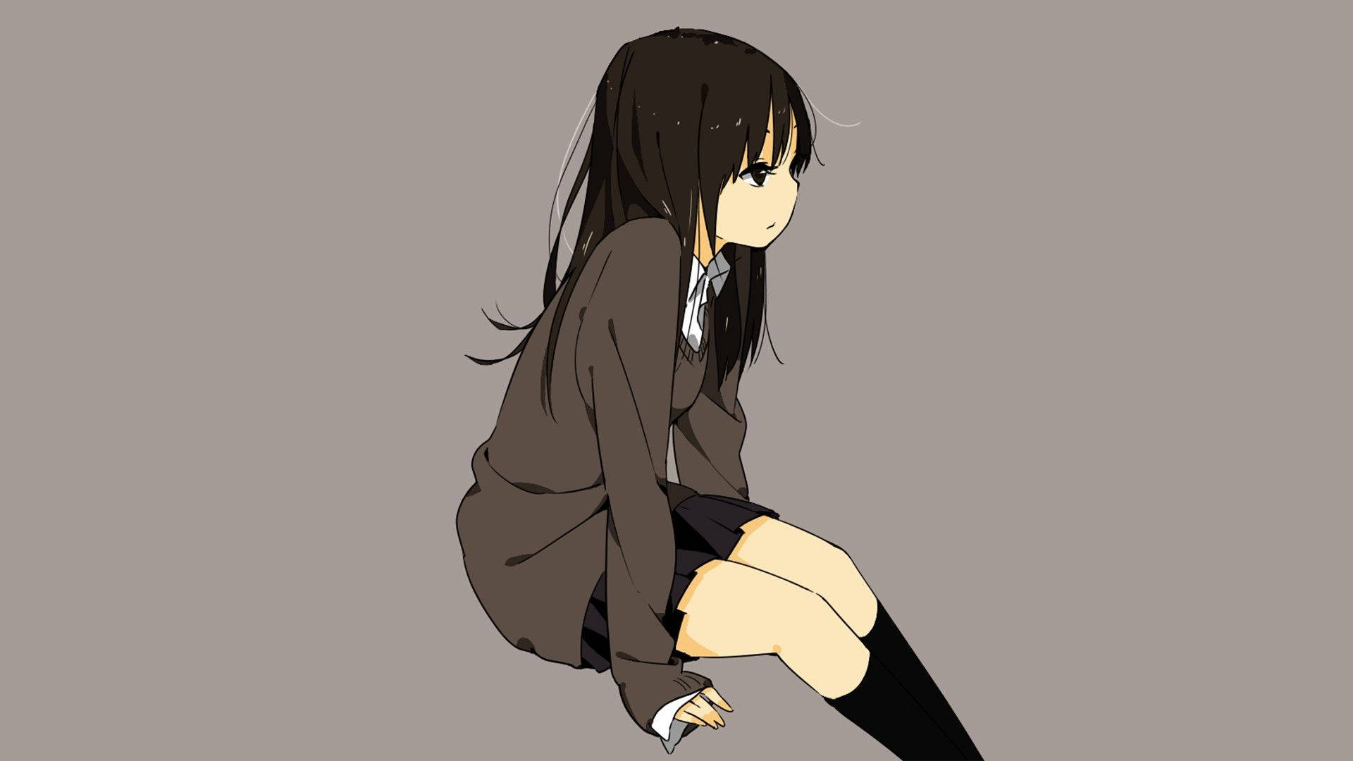 Sad Anime Girl In Grey Aesthetic, Full HD Desktop Wallpaper