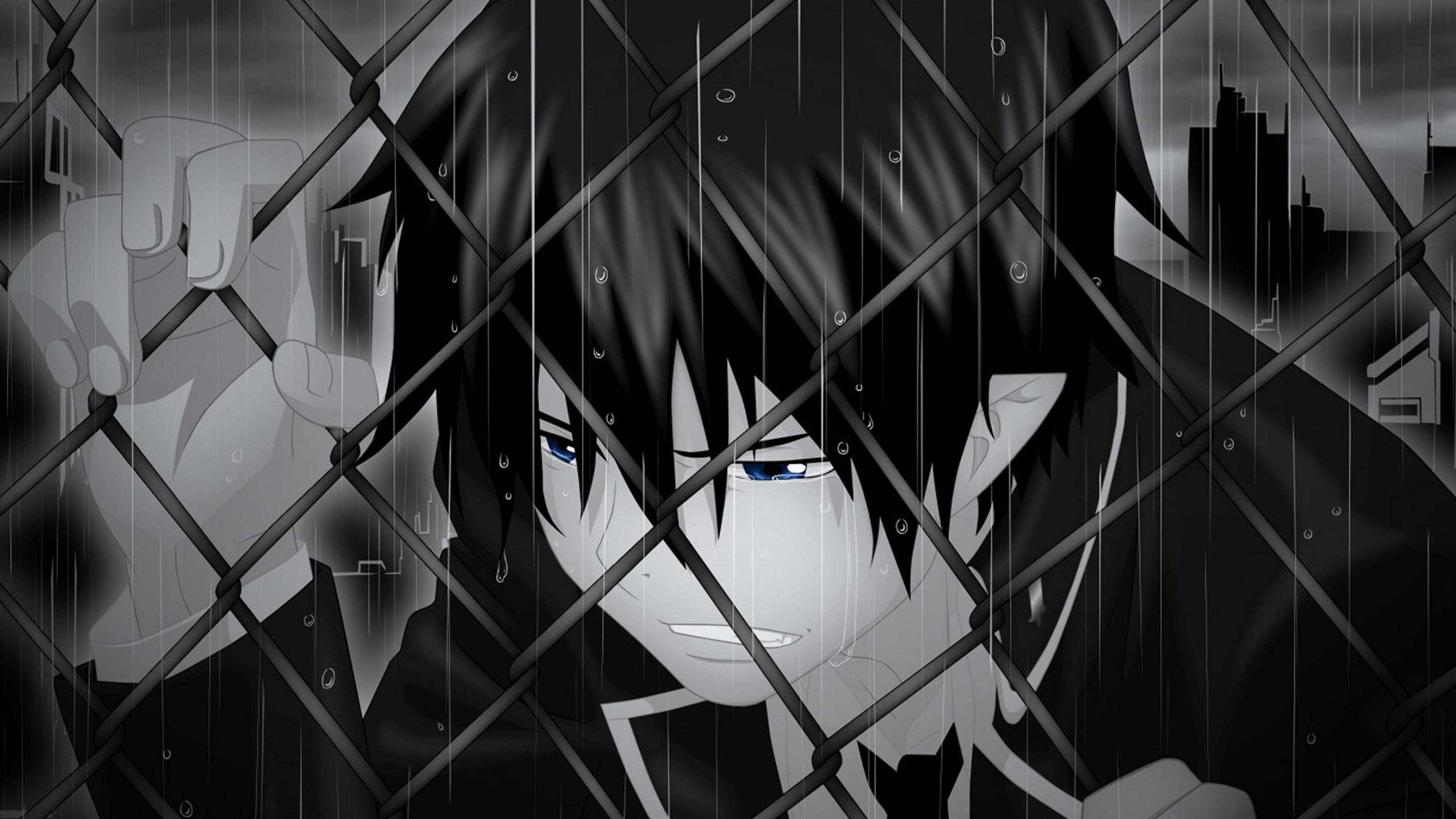 A melancholic anime character with blue eyes peers through a rain-slicked chain-link fence against a gloomy cityscape., 4K Desktop Wallpaper