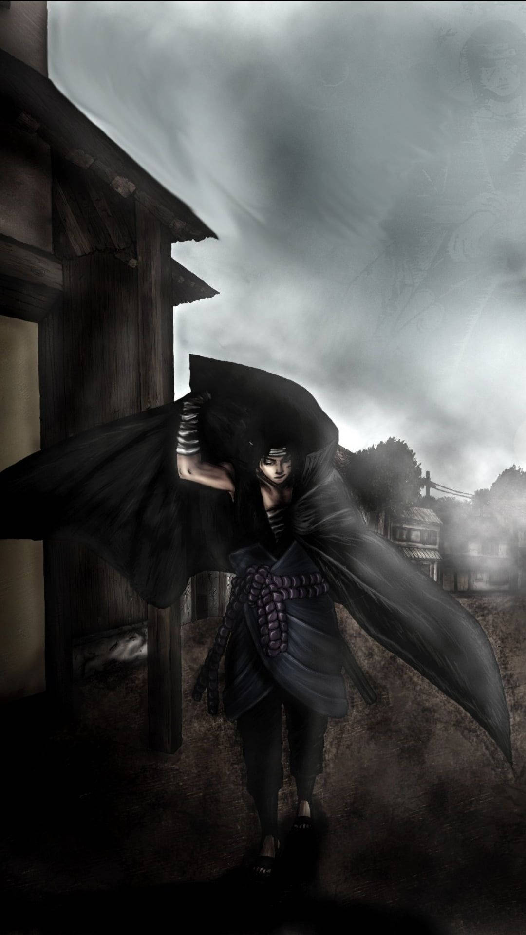 A cloaked anime ninja stands in a stormy village street with a dramatic dark sky and swirling mist., Full HD Phone Wallpaper