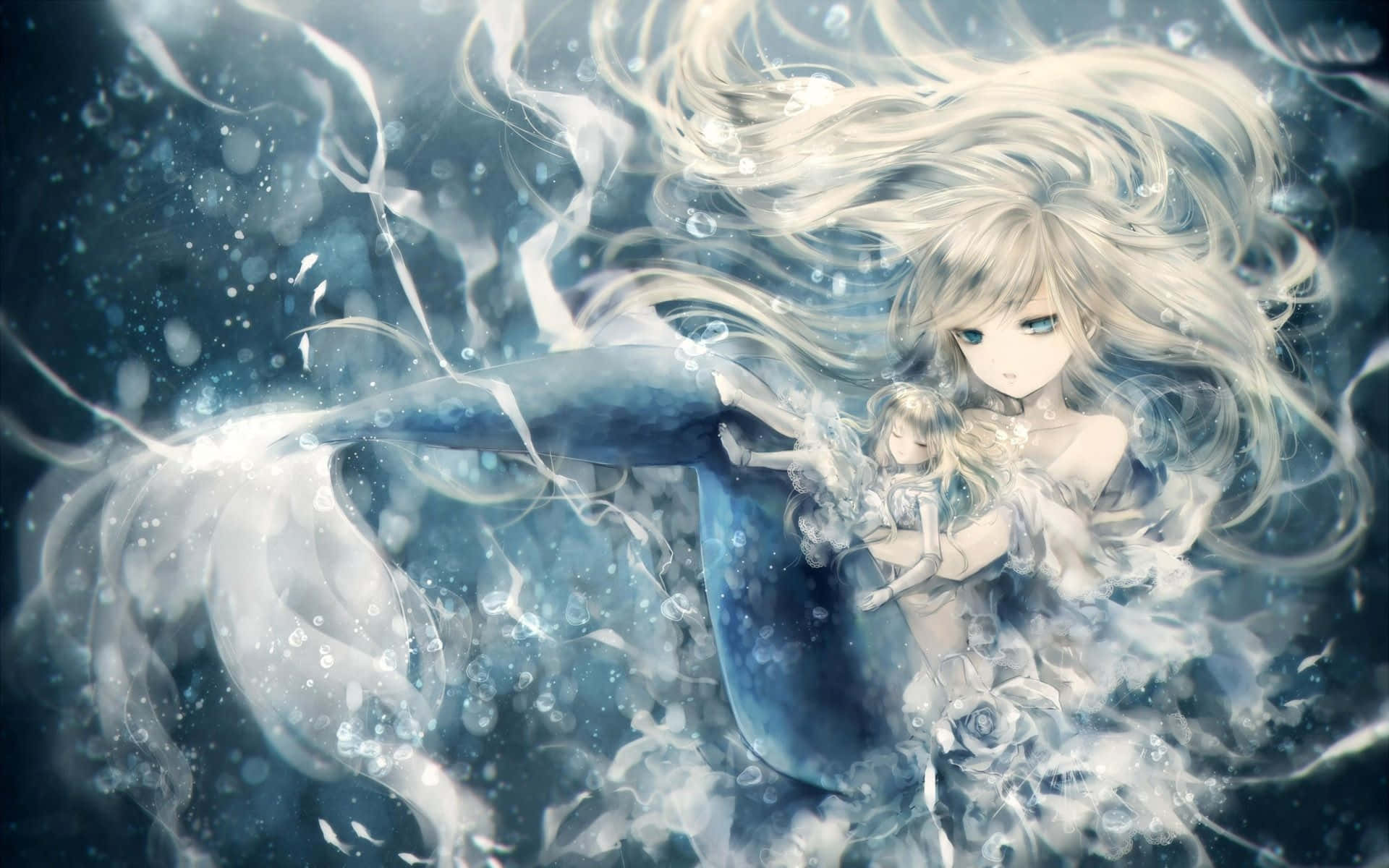 pale-haired anime mermaid, blue tail, doll, Full HD Desktop Wallpaper