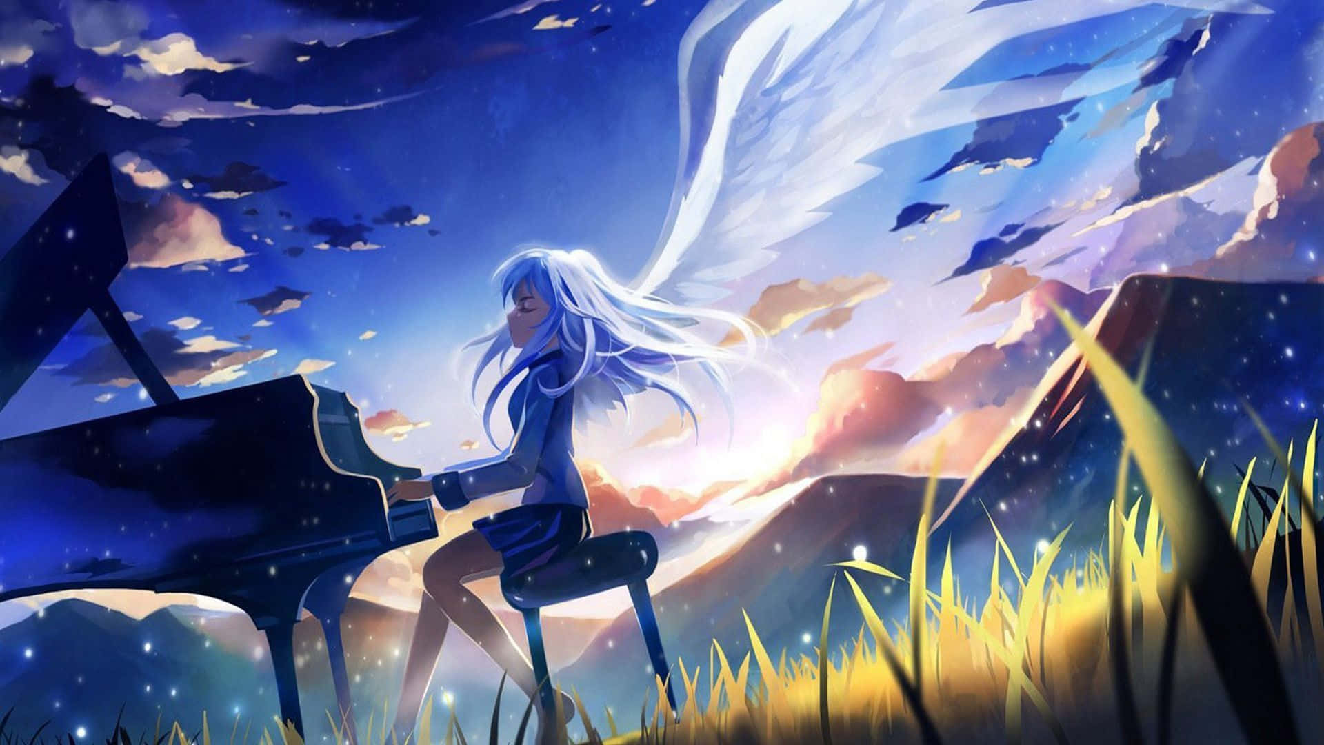 blue-haired anime girl, white wings, grand piano, Full HD Desktop Wallpaper